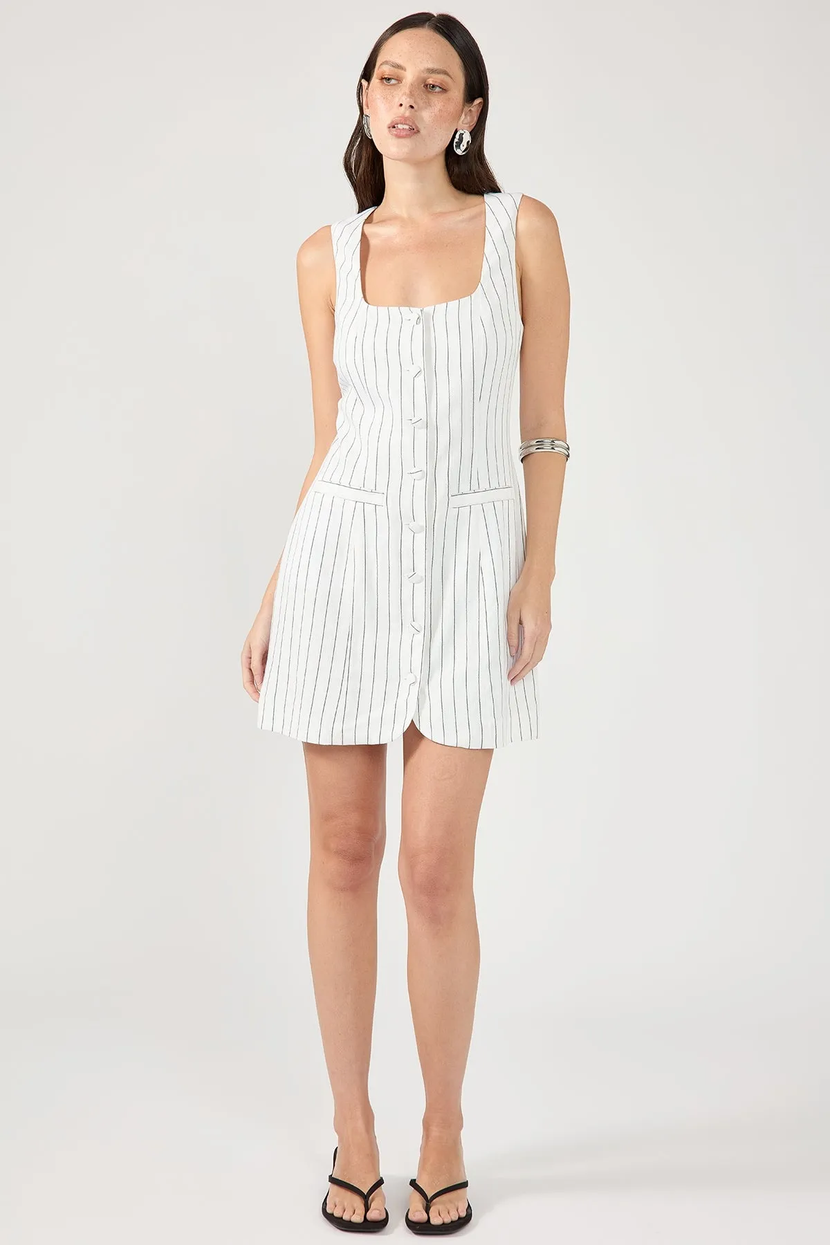 Perfect Stranger Pinstripe Linen Square Neck Mini Dress White Stripe