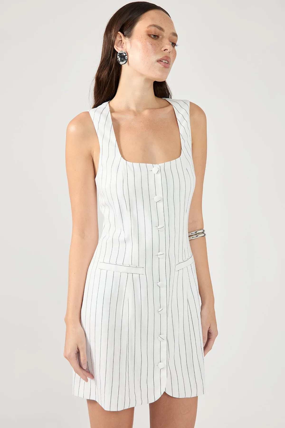 Perfect Stranger Pinstripe Linen Square Neck Mini Dress White Stripe