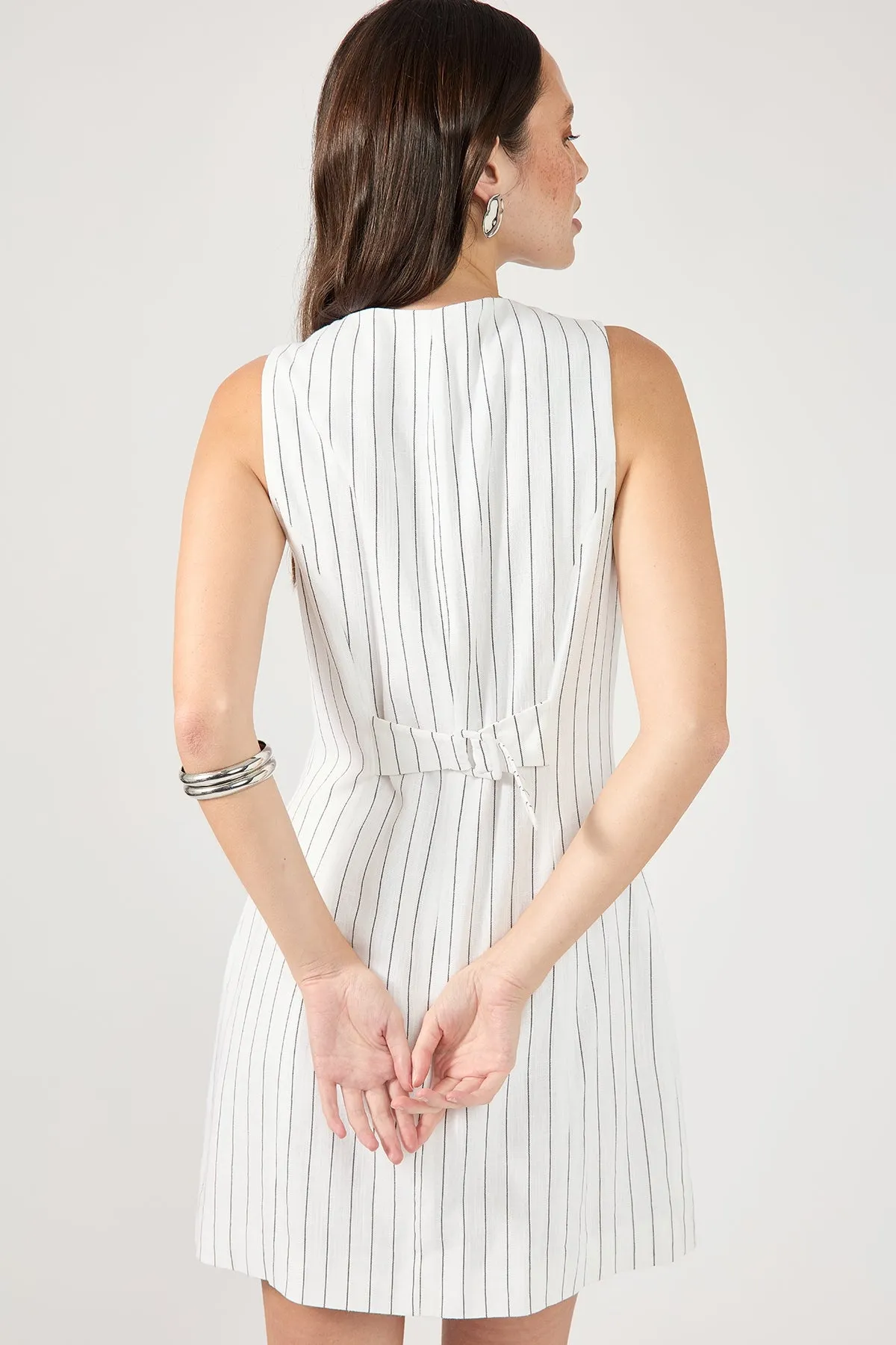 Perfect Stranger Pinstripe Linen Square Neck Mini Dress White Stripe