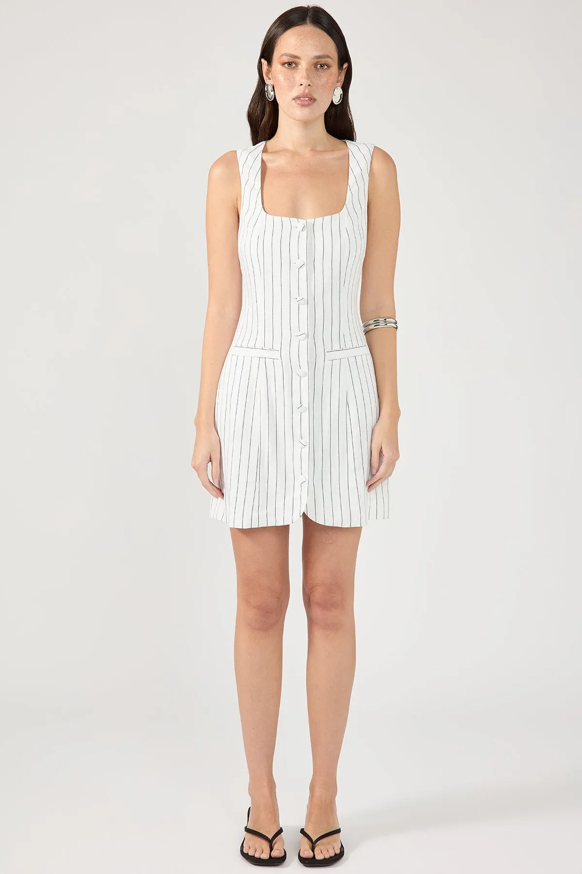 Perfect Stranger Pinstripe Linen Square Neck Mini Dress White Stripe