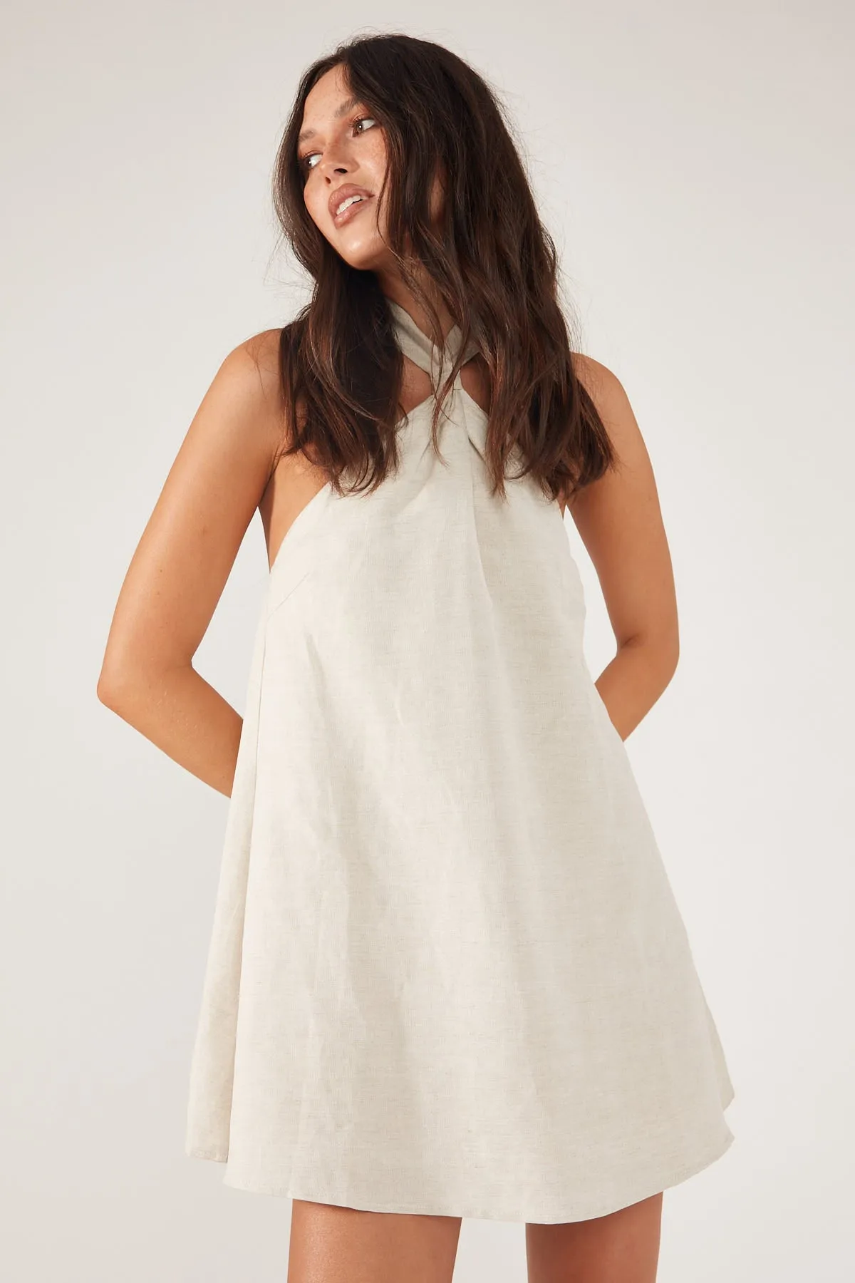 Perfect Stranger Tobago Linen Mini Dress Oatmeal