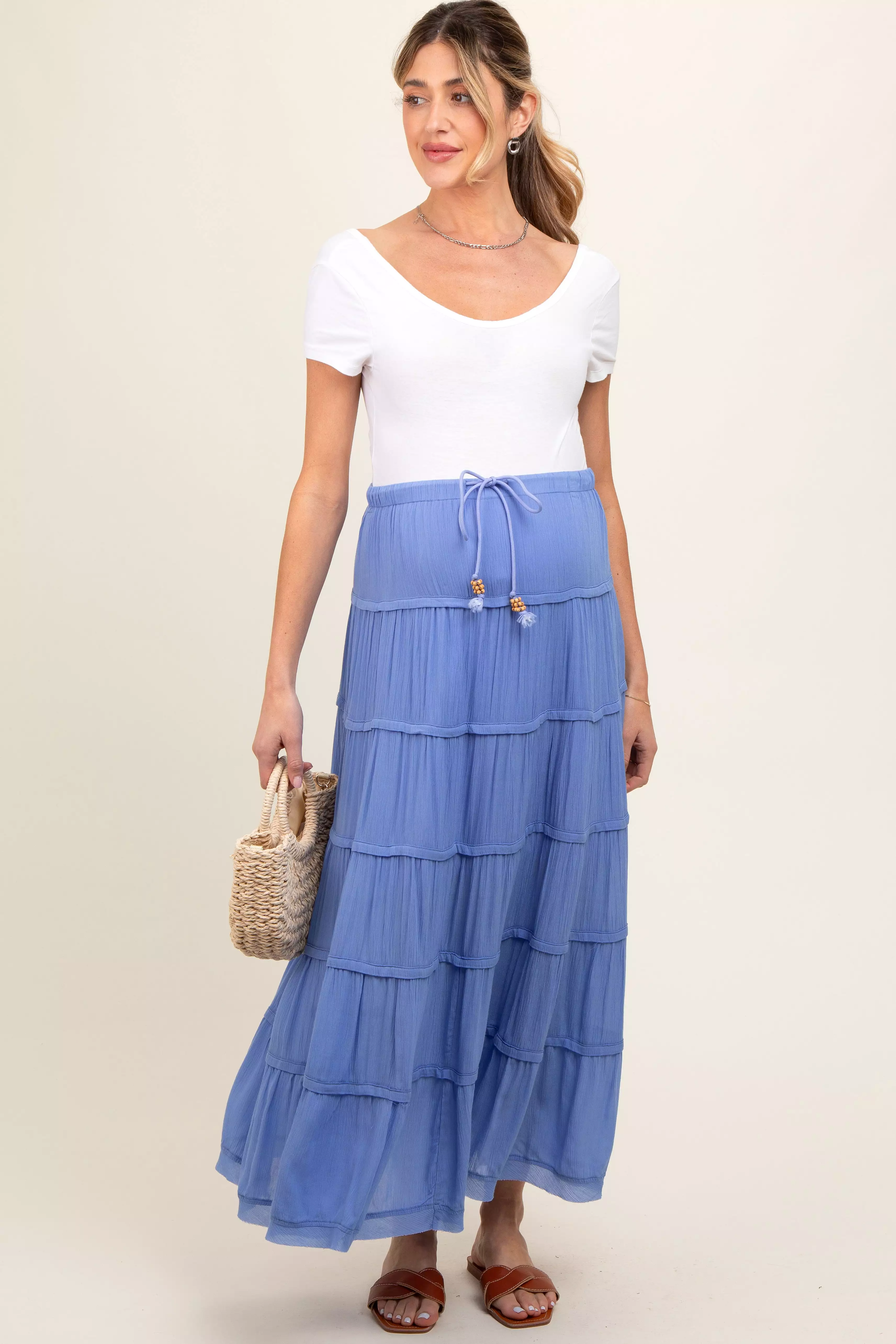 Periwinkle Drawstring Tiered Maternity Maxi Skirt