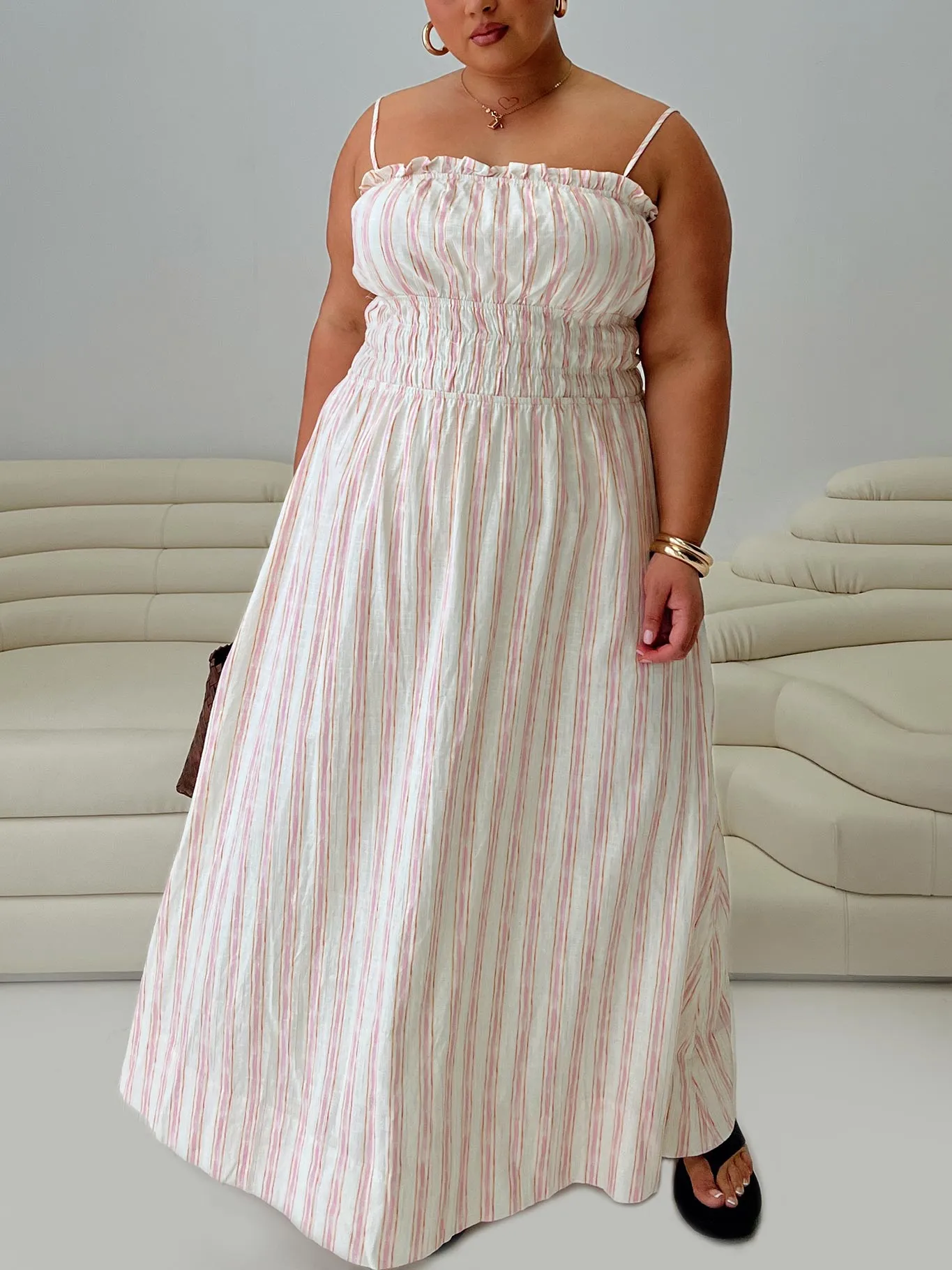 Persephone Shirring Linen Maxi Dress Pink Stripe Curve