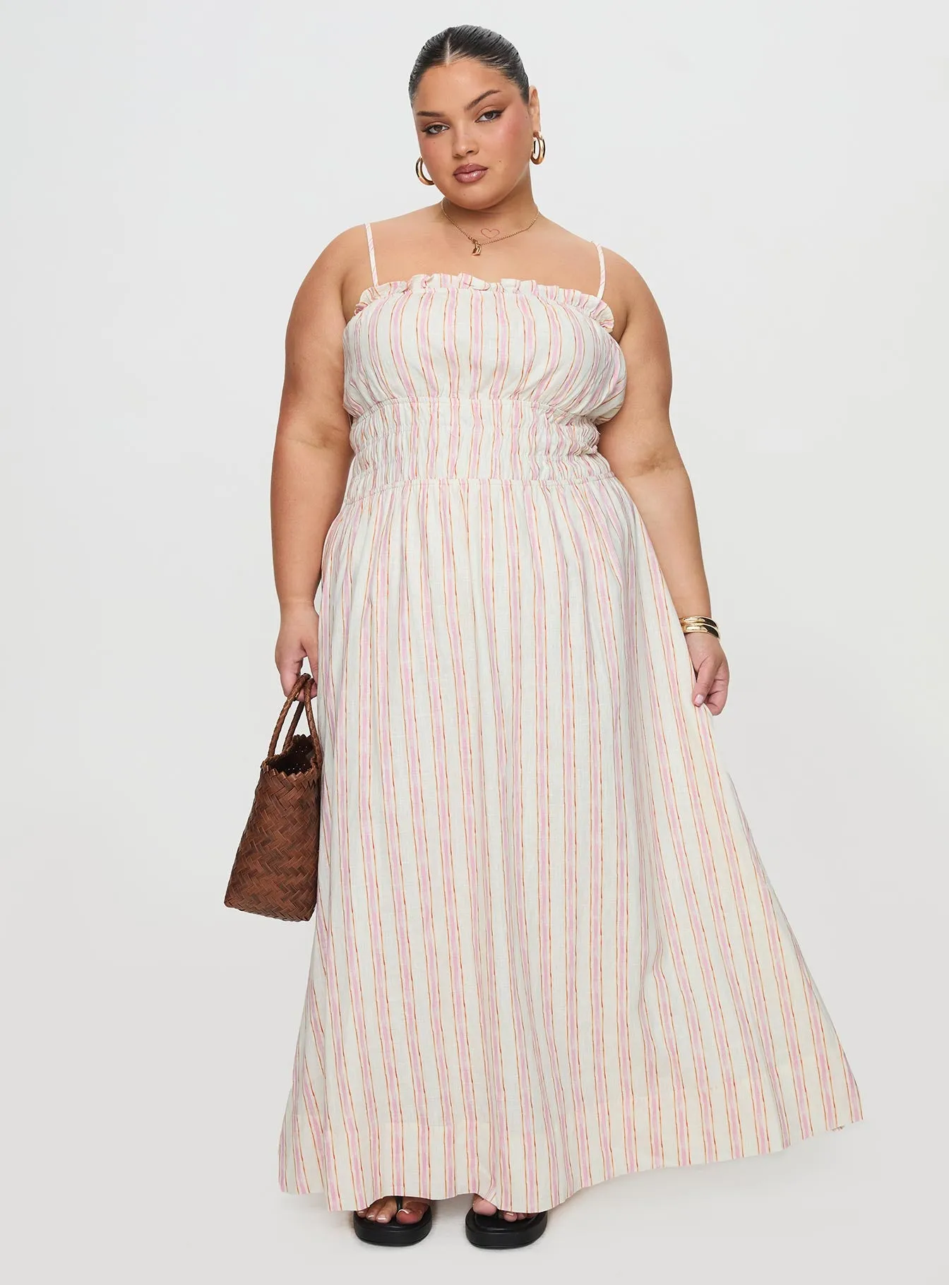 Persephone Shirring Linen Maxi Dress Pink Stripe Curve