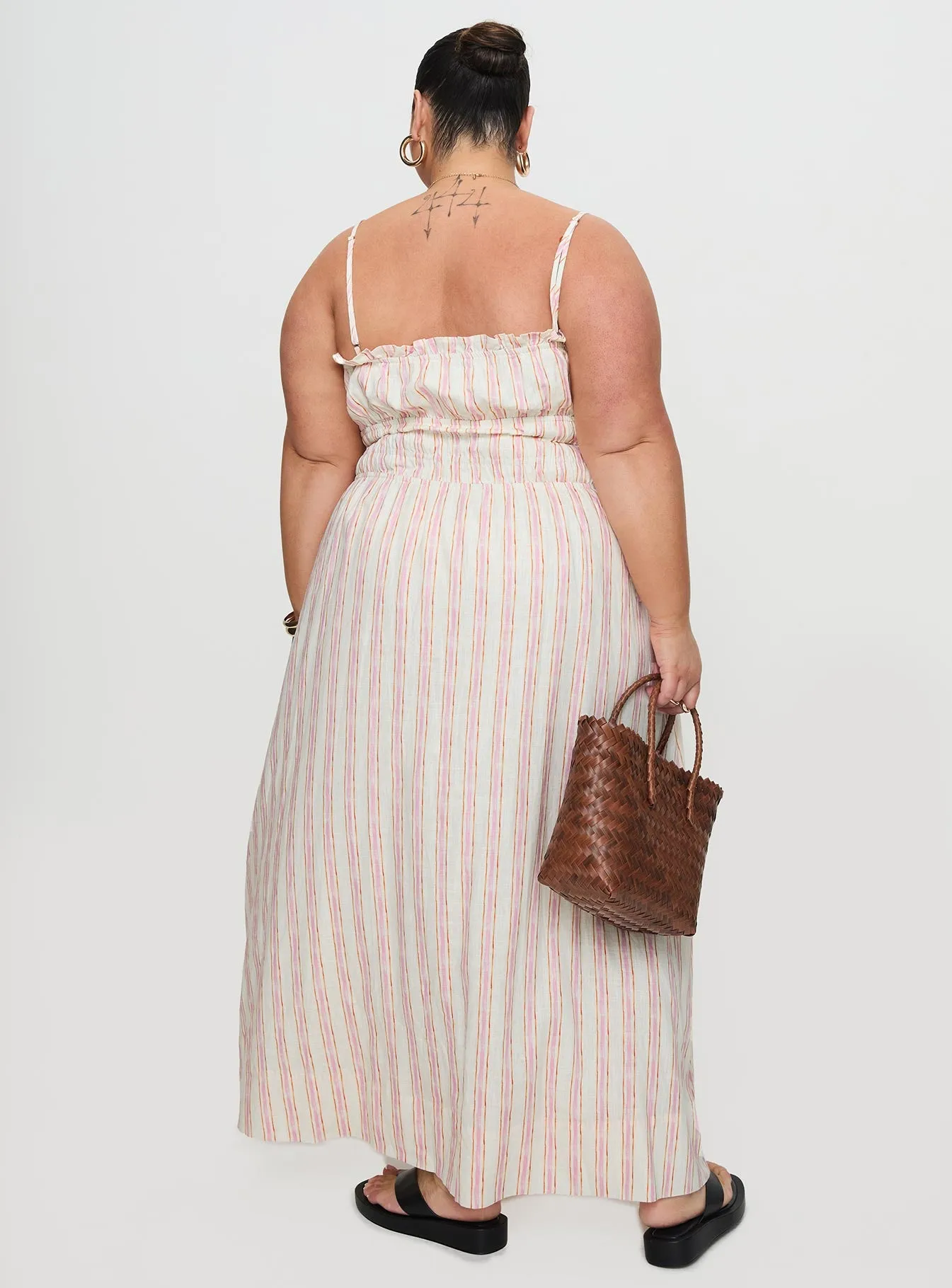 Persephone Shirring Linen Maxi Dress Pink Stripe Curve