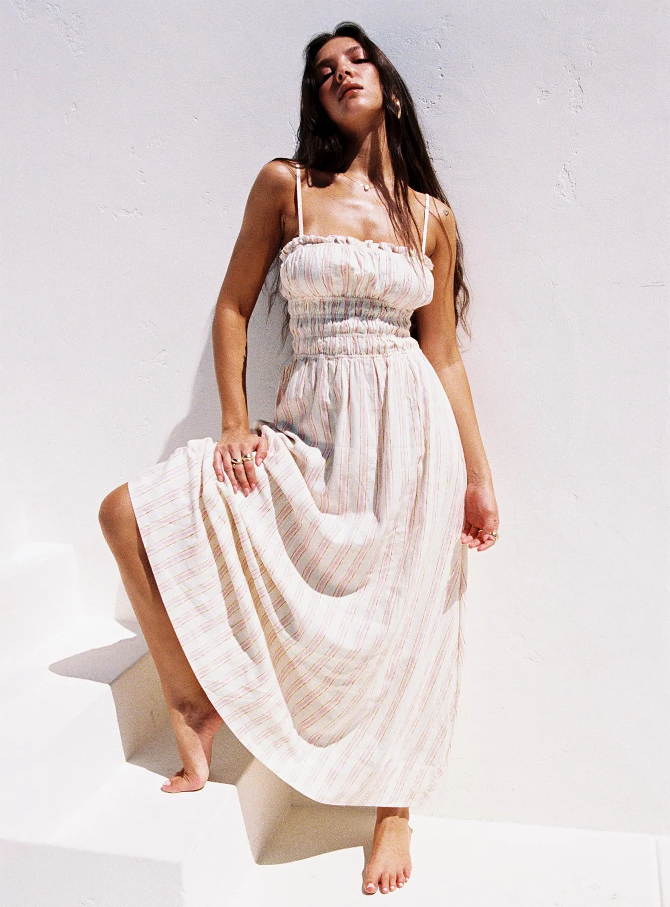 Persephone Shirring Linen Maxi Dress Pink Stripe