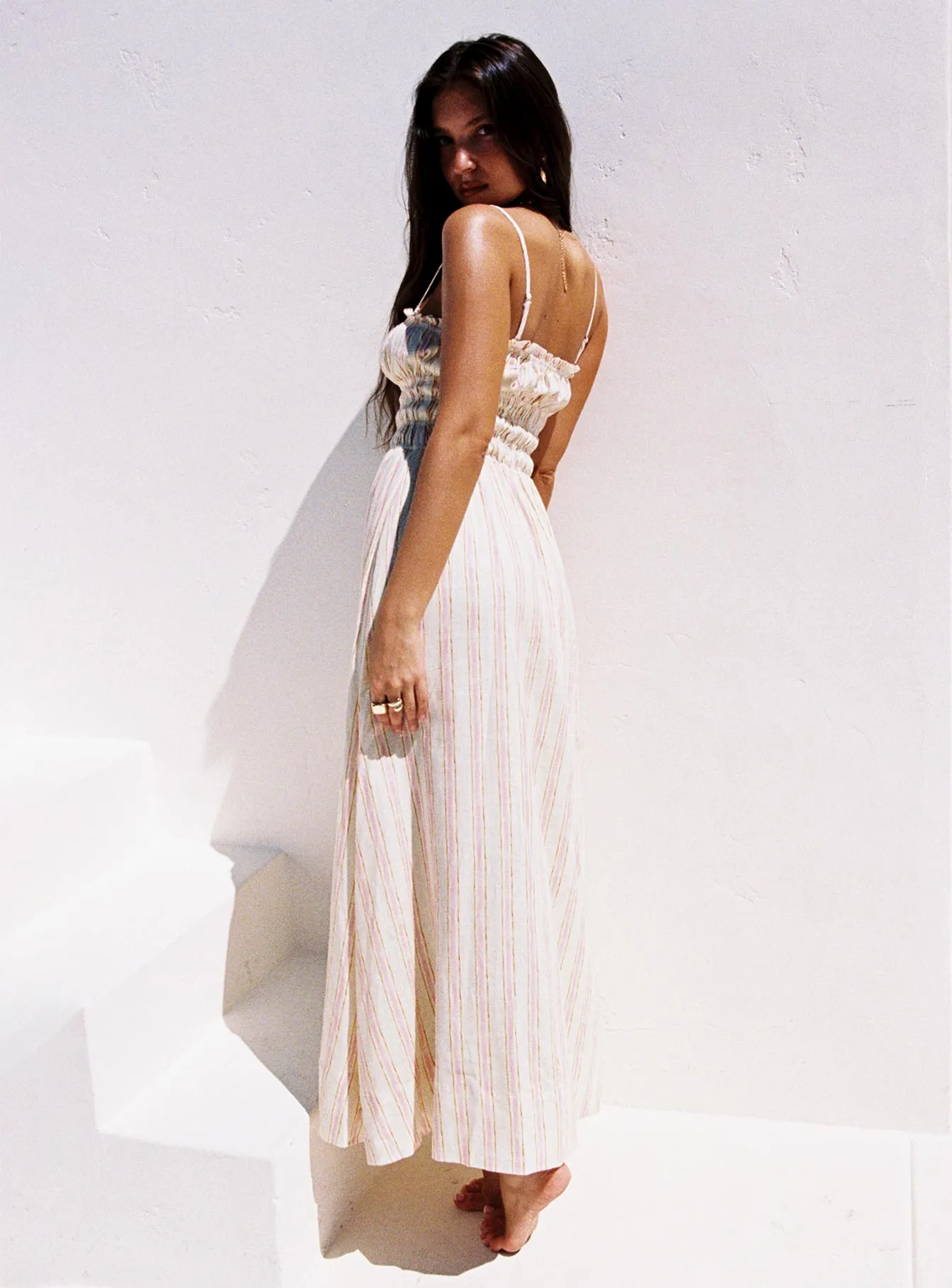 Persephone Shirring Linen Maxi Dress Pink Stripe