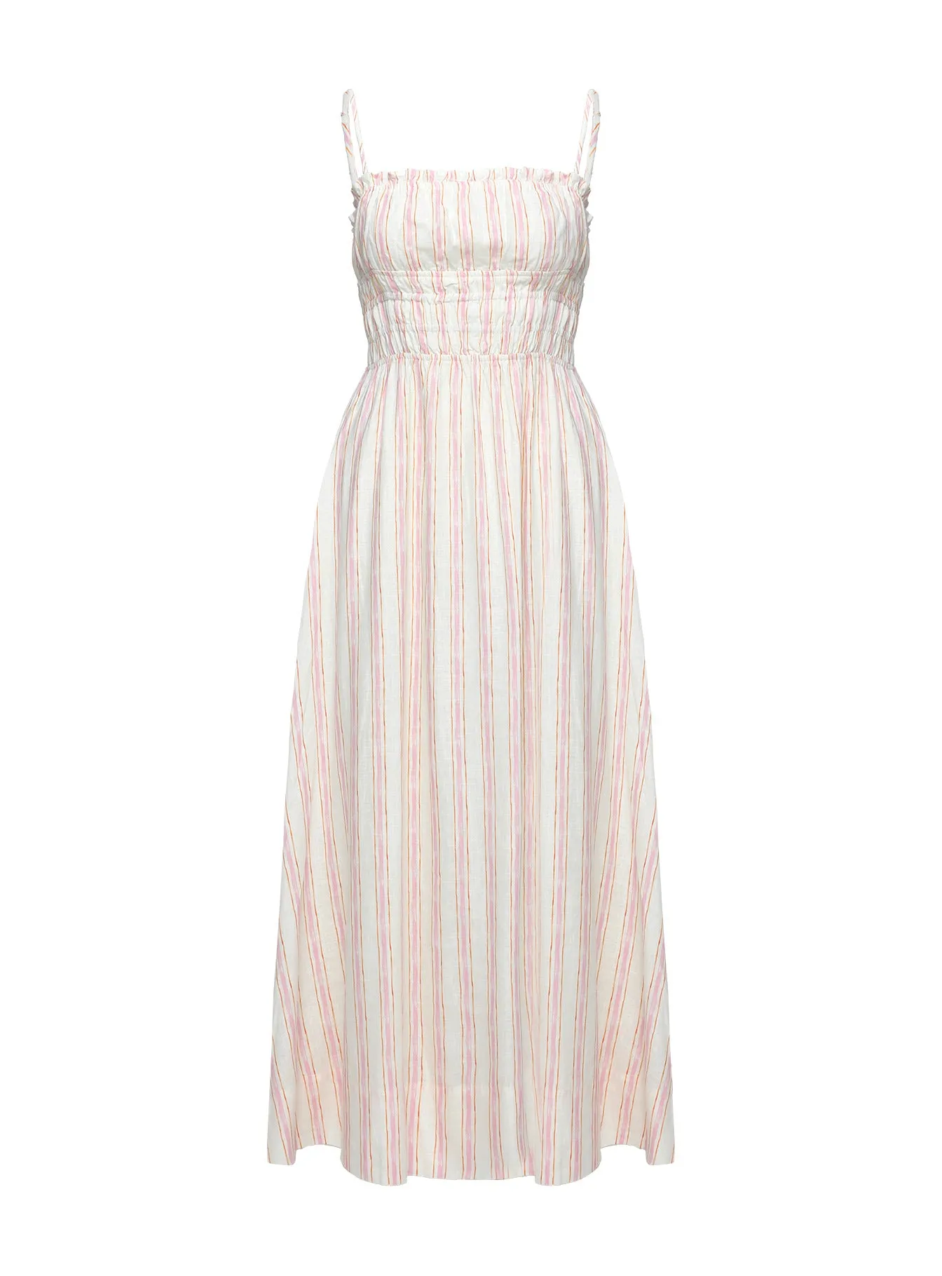 Persephone Shirring Linen Maxi Dress Pink Stripe