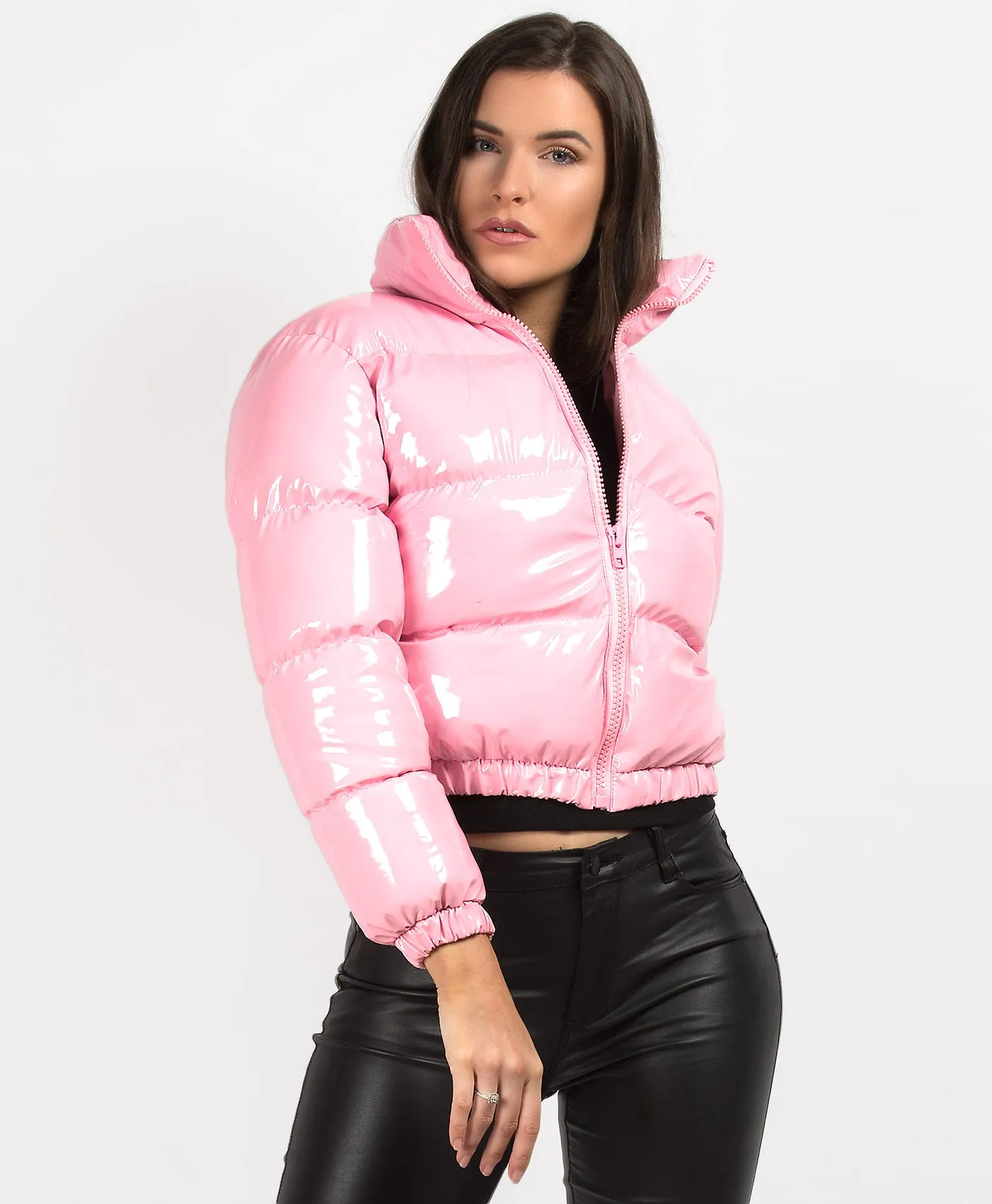 Pink High Shine PU Vinyl Cropped Puffer Jacket