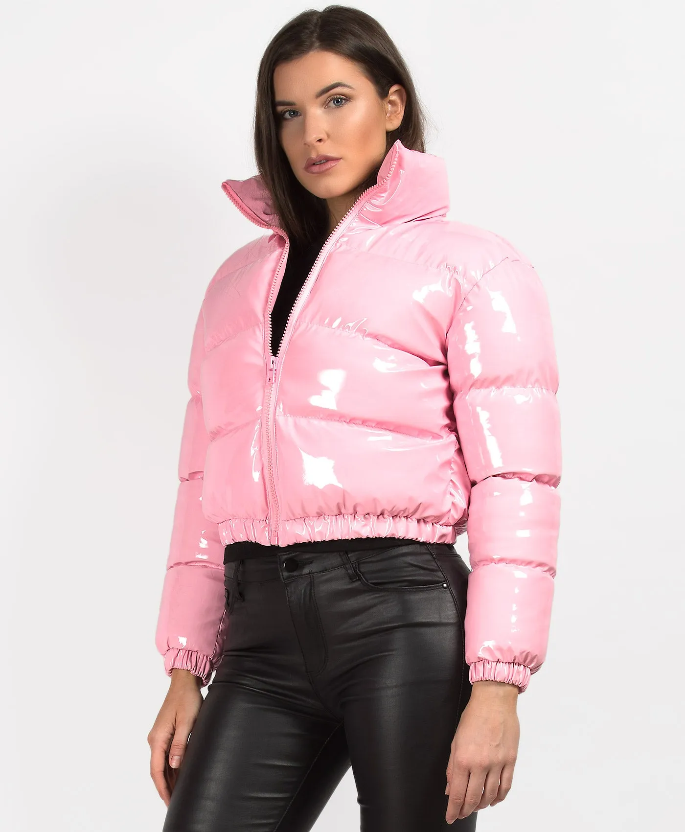 Pink High Shine PU Vinyl Cropped Puffer Jacket