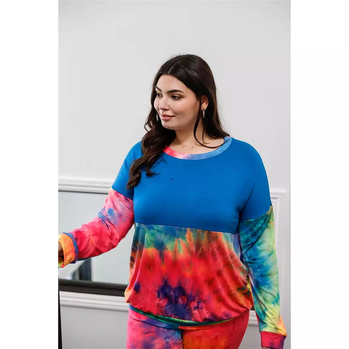 Plus Blue Neon Rainbow Tie-dye Colorblock Long Sleeve Top & Biker Shorts Set