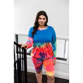 Plus Blue Neon Rainbow Tie-dye Colorblock Long Sleeve Top & Biker Shorts Set