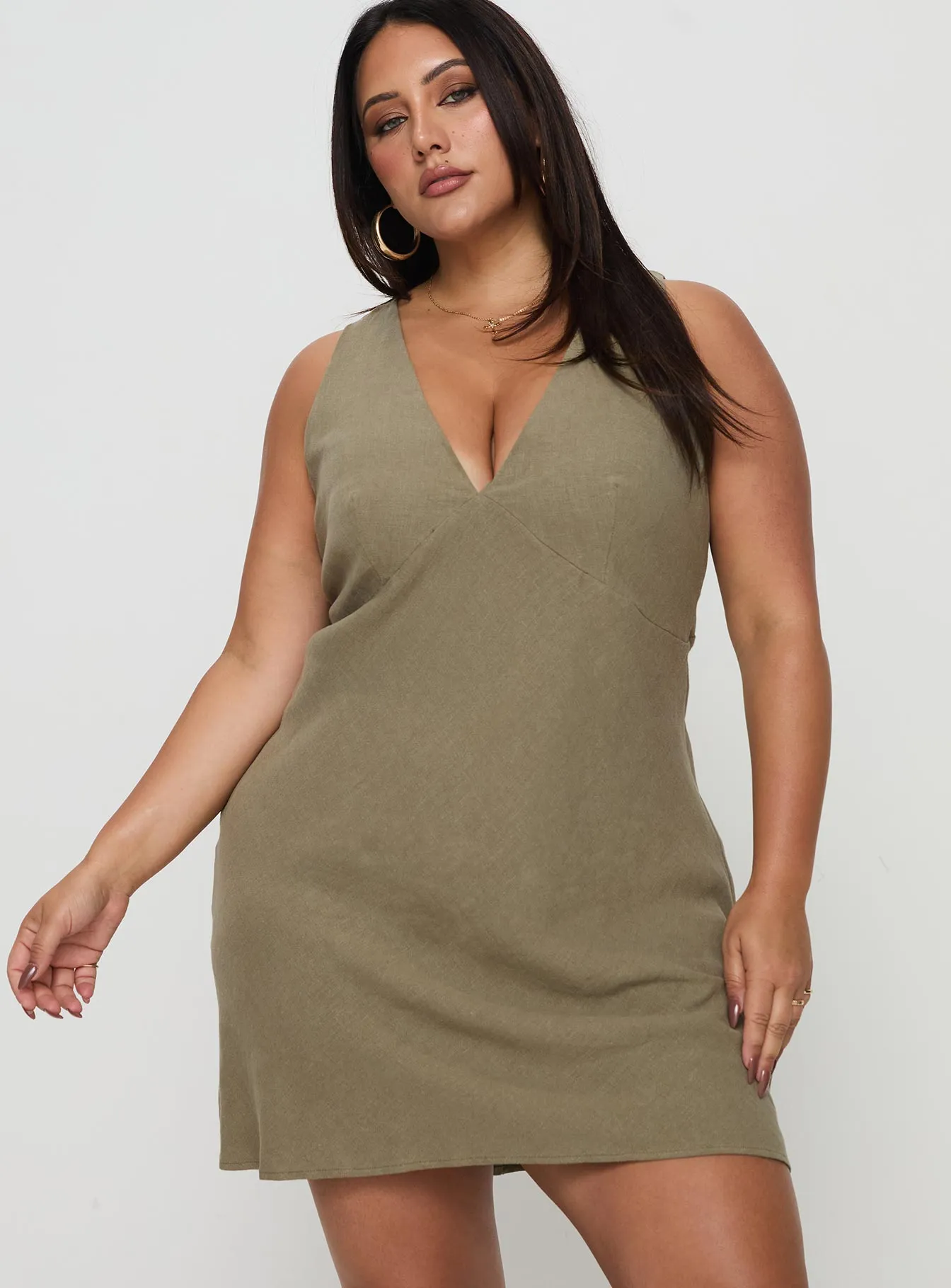 Portillo Linen Blend Mini Dress Olive Curve