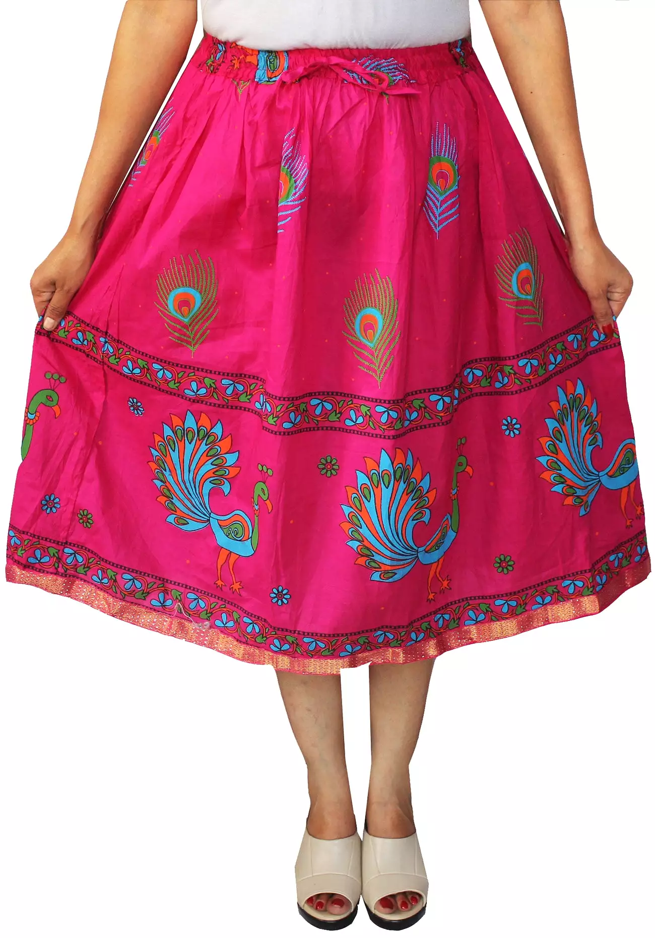 Printed Cotton Womens Long Skirt Indian Clothing (Pink)