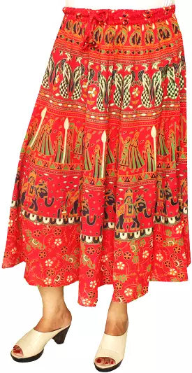 Printed Cotton Womens Long Skirt Indian Clothing (Red)