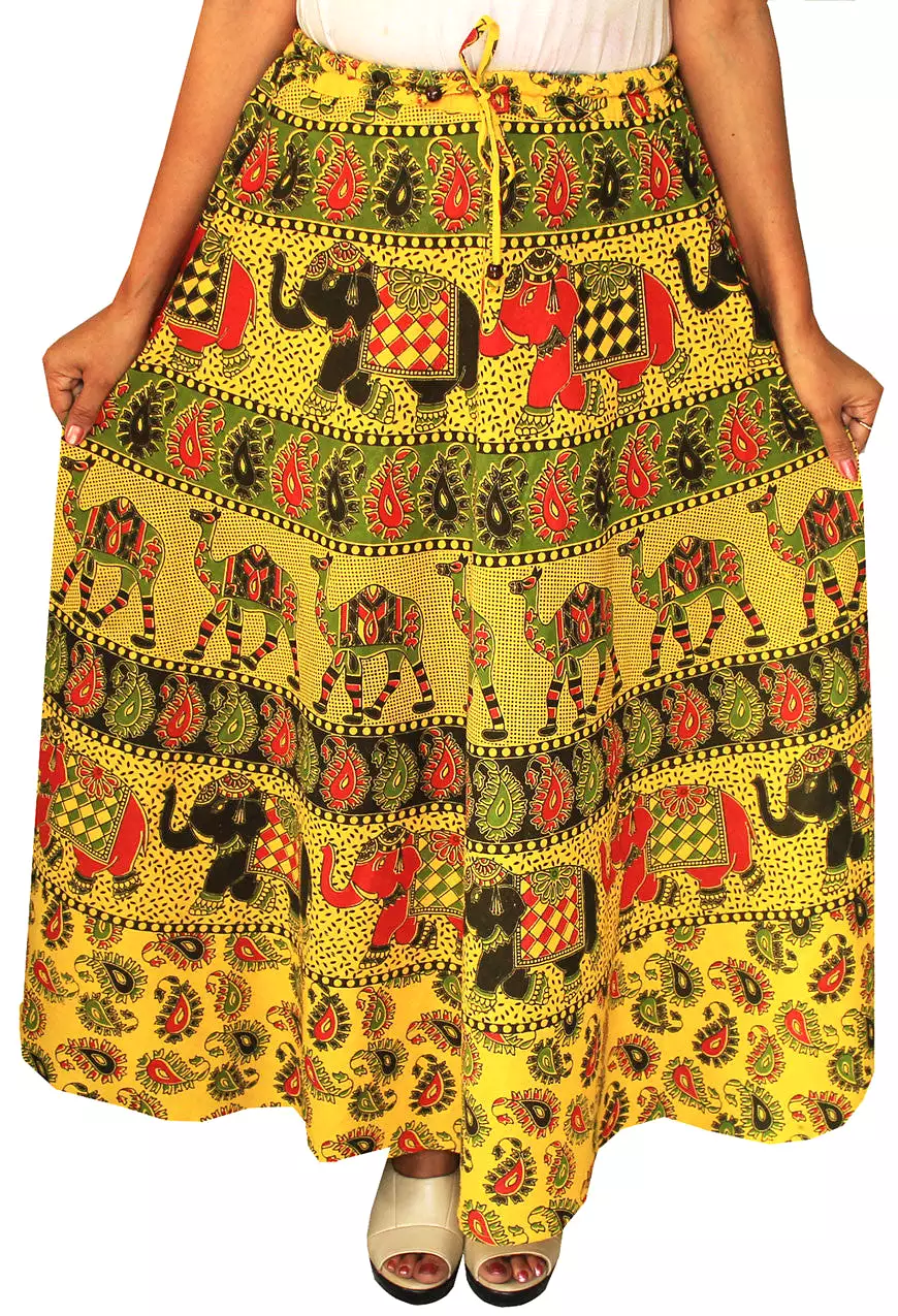 Printed Cotton Womens Long Skirt Indian Clothing (Yellow)