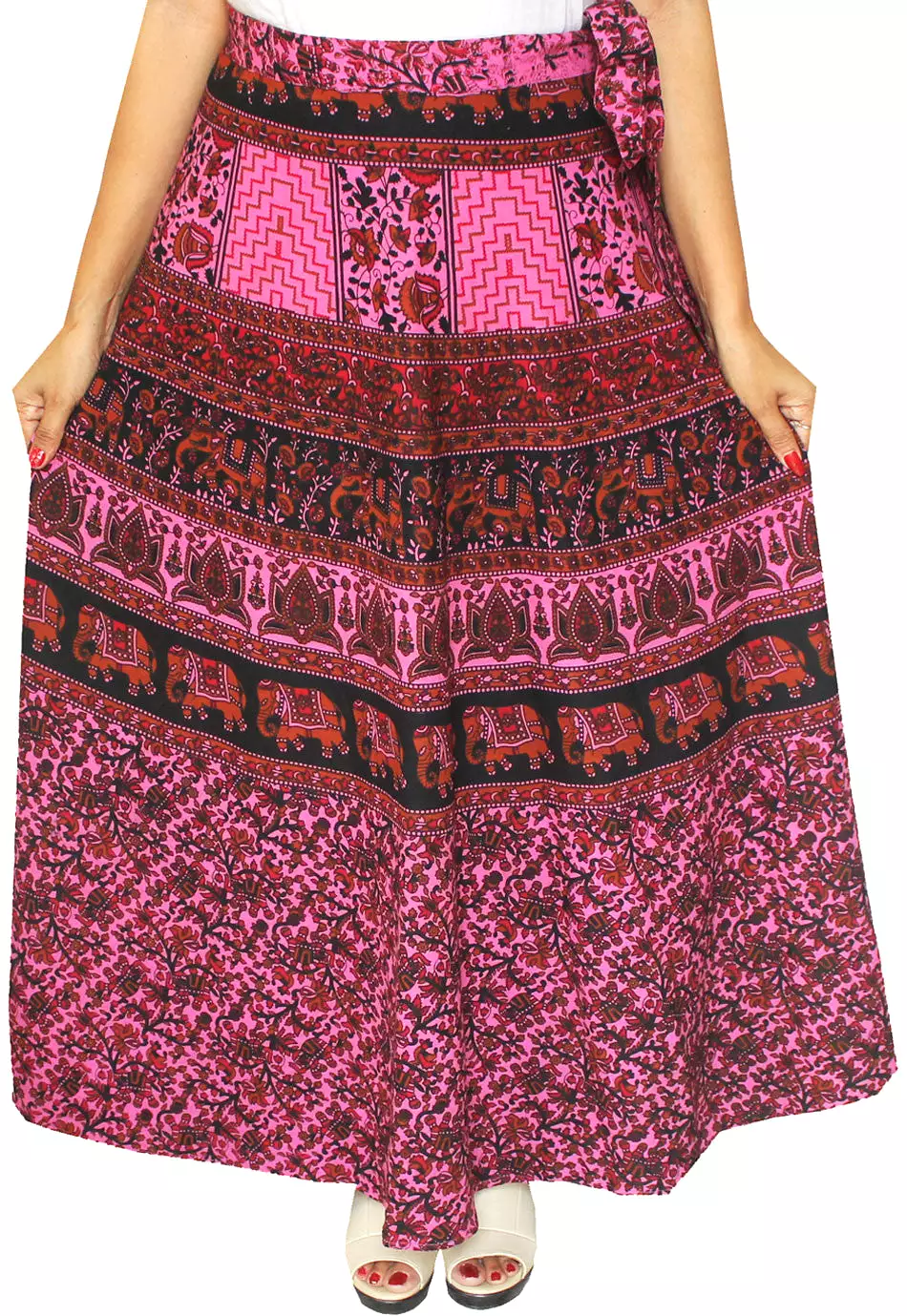 Printed Cotton Womens Long Skirt Wrap Around India Clothes (Pink)