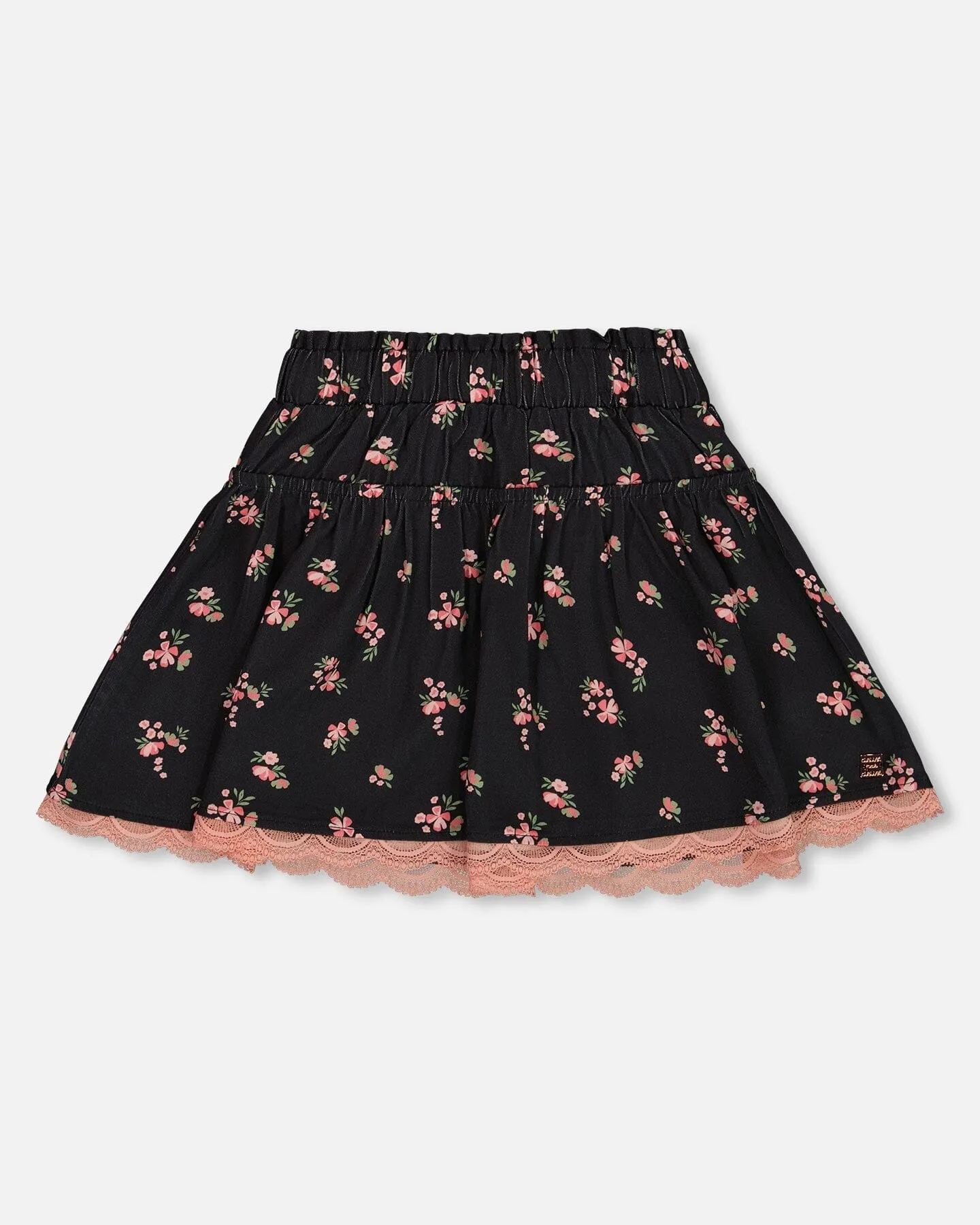 Printed Flowers Flare Viscose Skirt Black