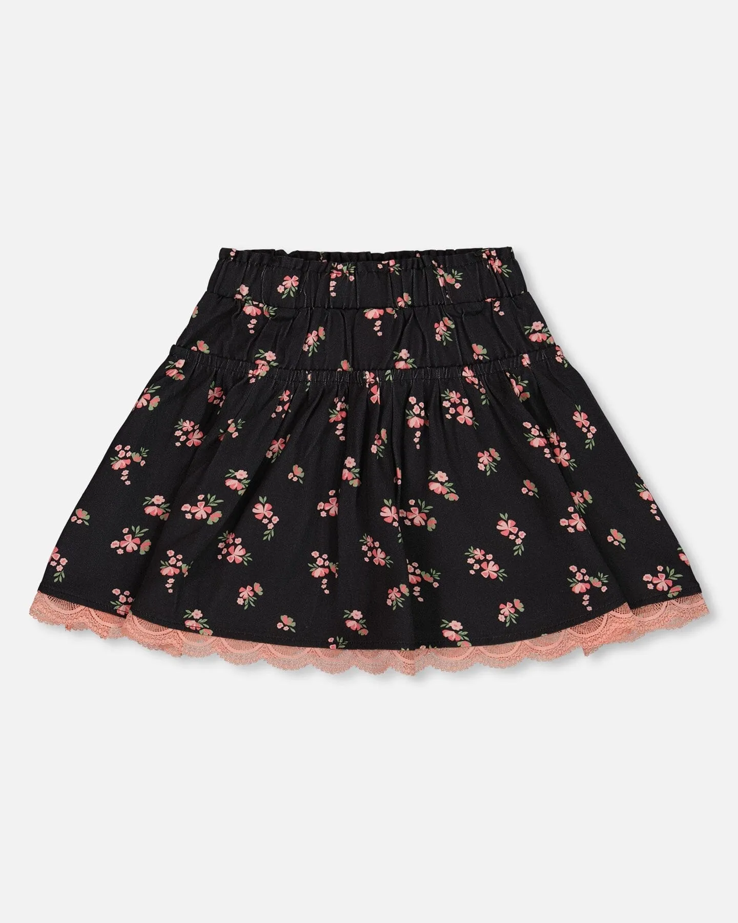 Printed Flowers Flare Viscose Skirt Black