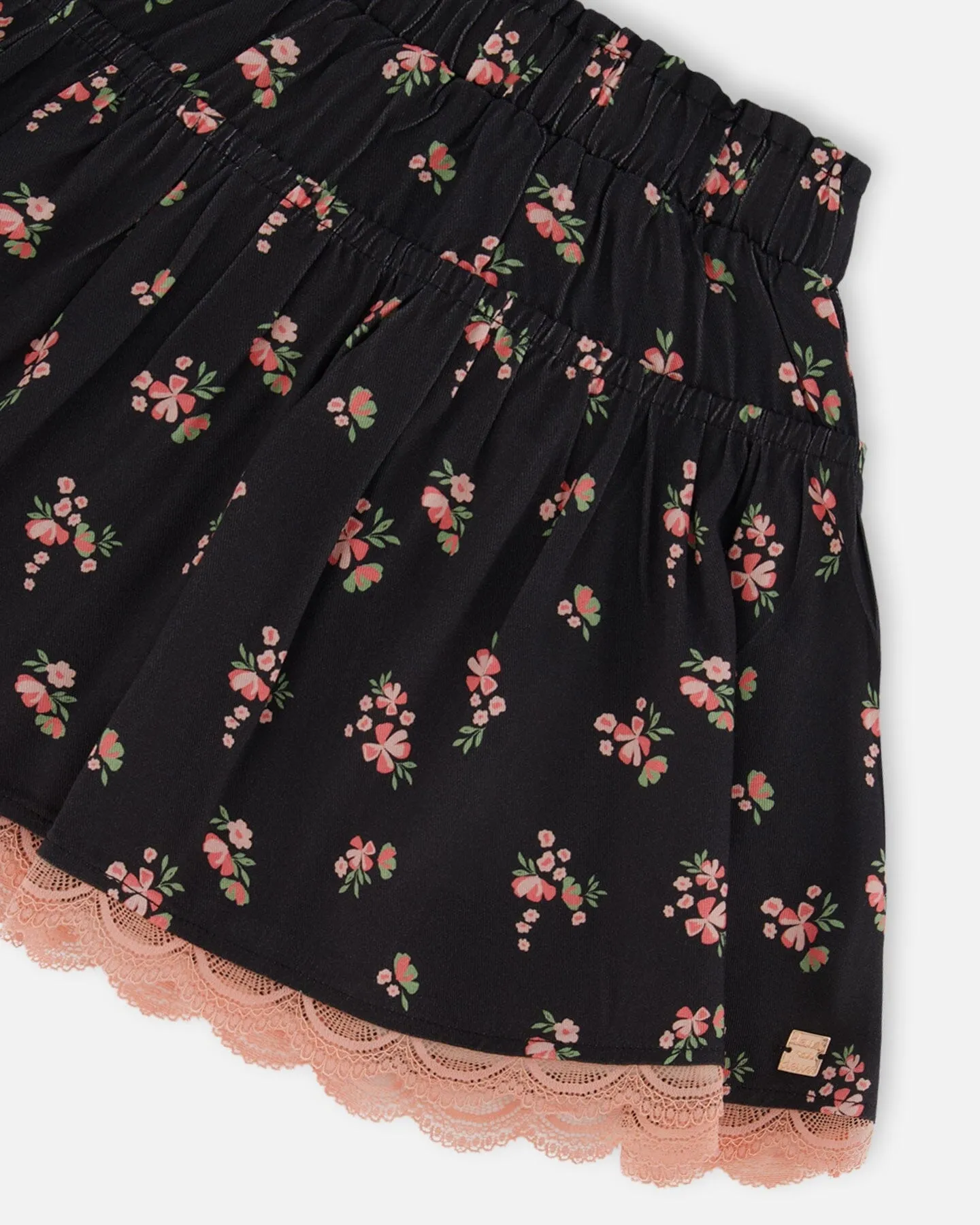 Printed Flowers Flare Viscose Skirt Black