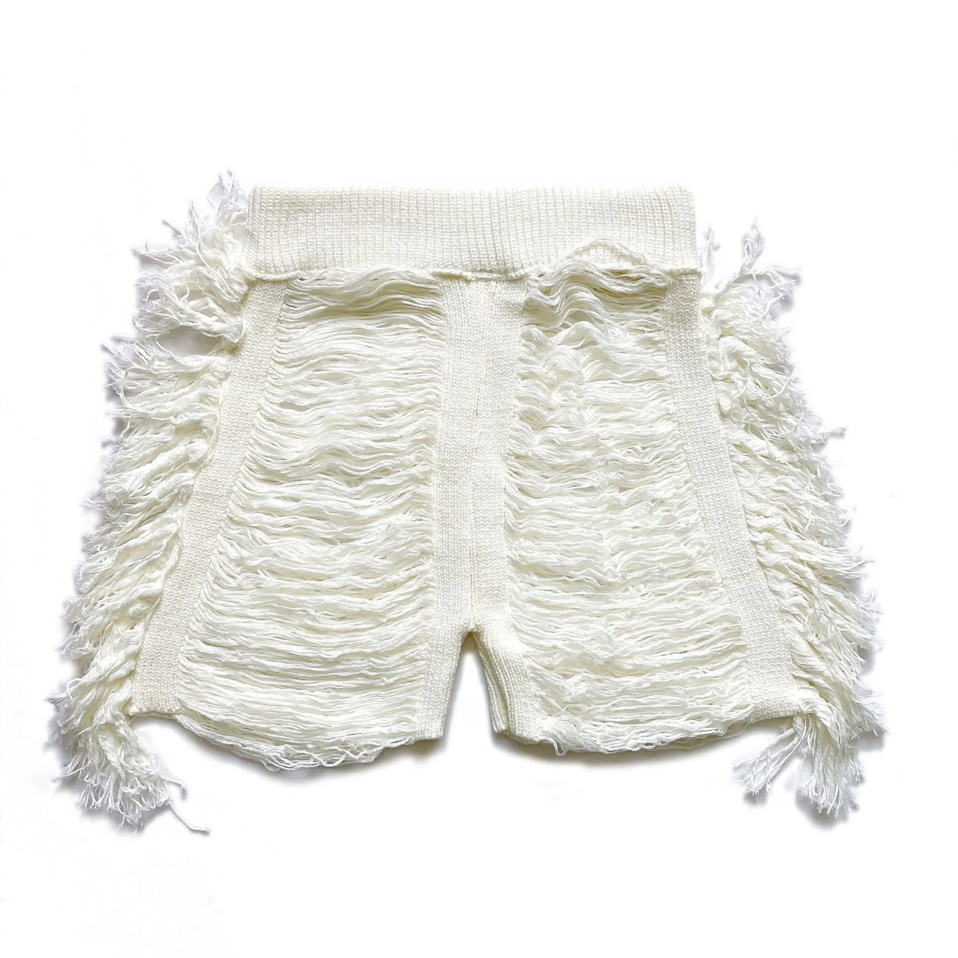 Sexy Acrylic Knitted Hollow Out Tassel High Waist Shorts for Women