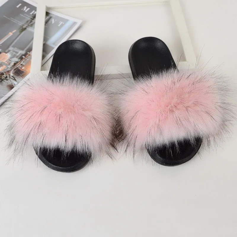 Sexy Casual Pink Real Fur Slides Fluffy Flat House Slippers for Women