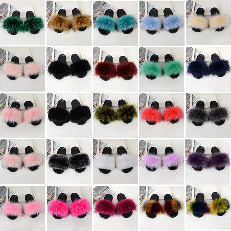 Sexy Casual Pink Real Fur Slides Fluffy Flat House Slippers for Women