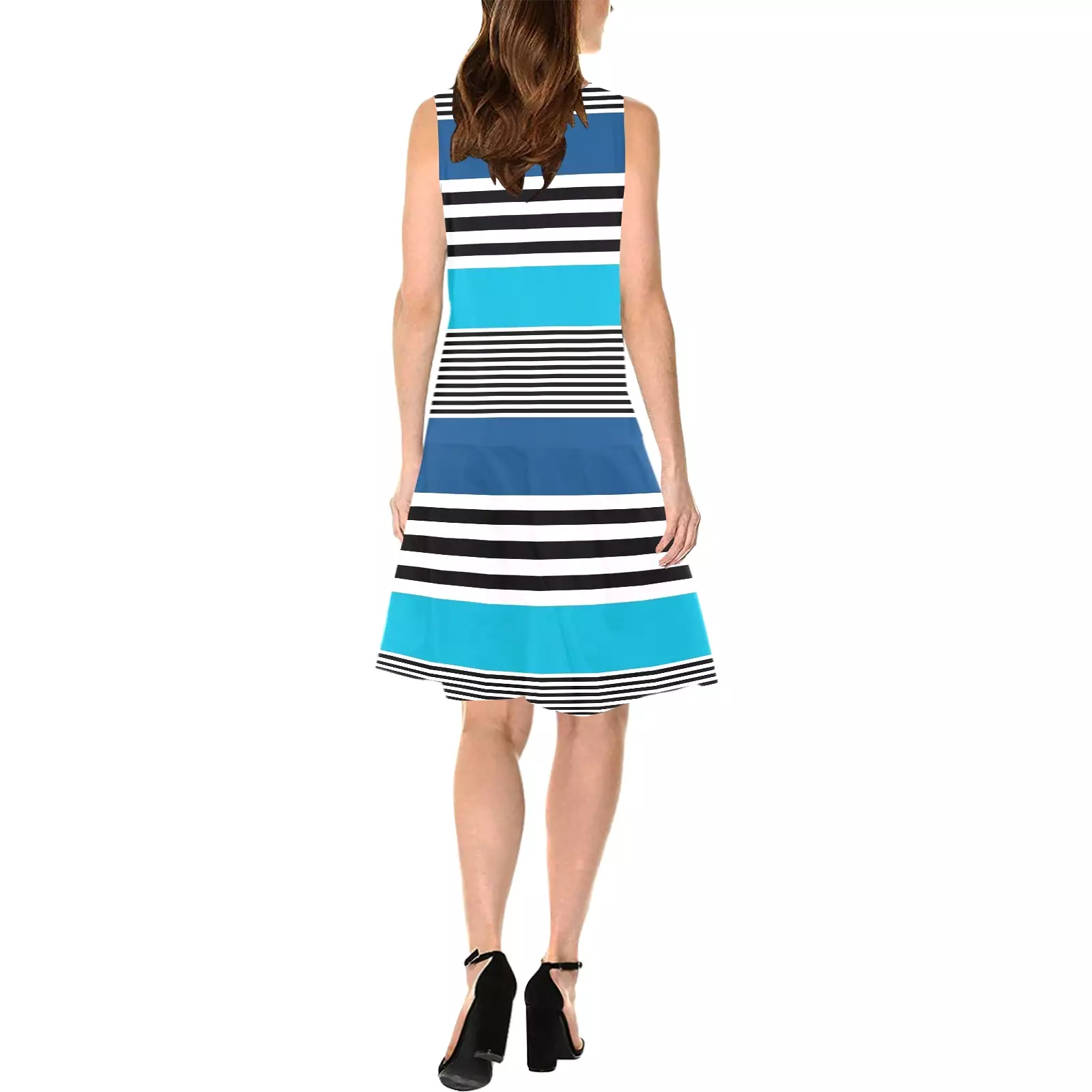 shades of blue bw stripe Sleeveless Splicing Shift Dress(Model D17)