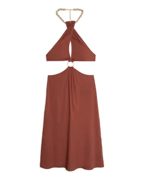 Shell Chain Halter Linen Midi Dress | Cappuccino