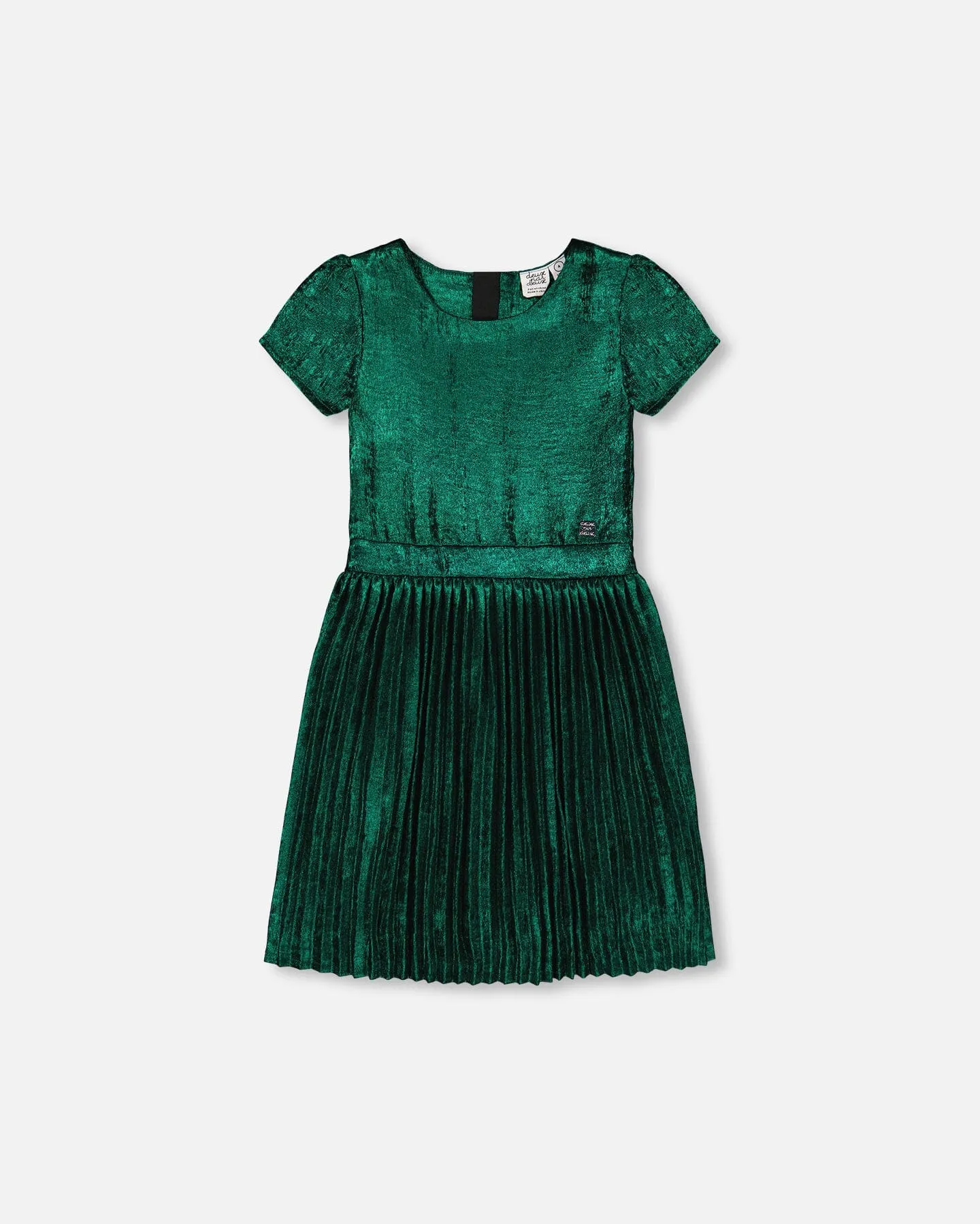 Short Sleeve Dress With Pleated Skirt Metallic Green