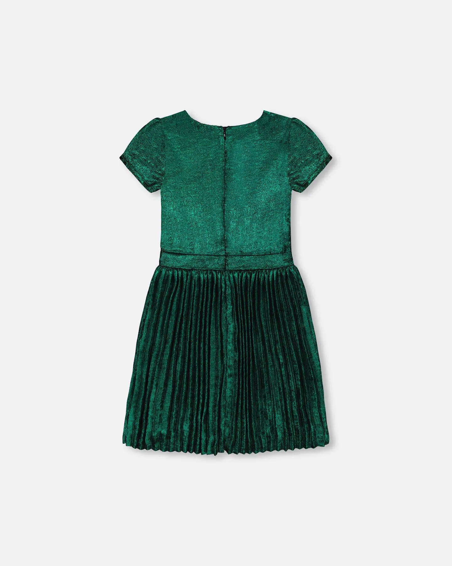 Short Sleeve Dress With Pleated Skirt Metallic Green