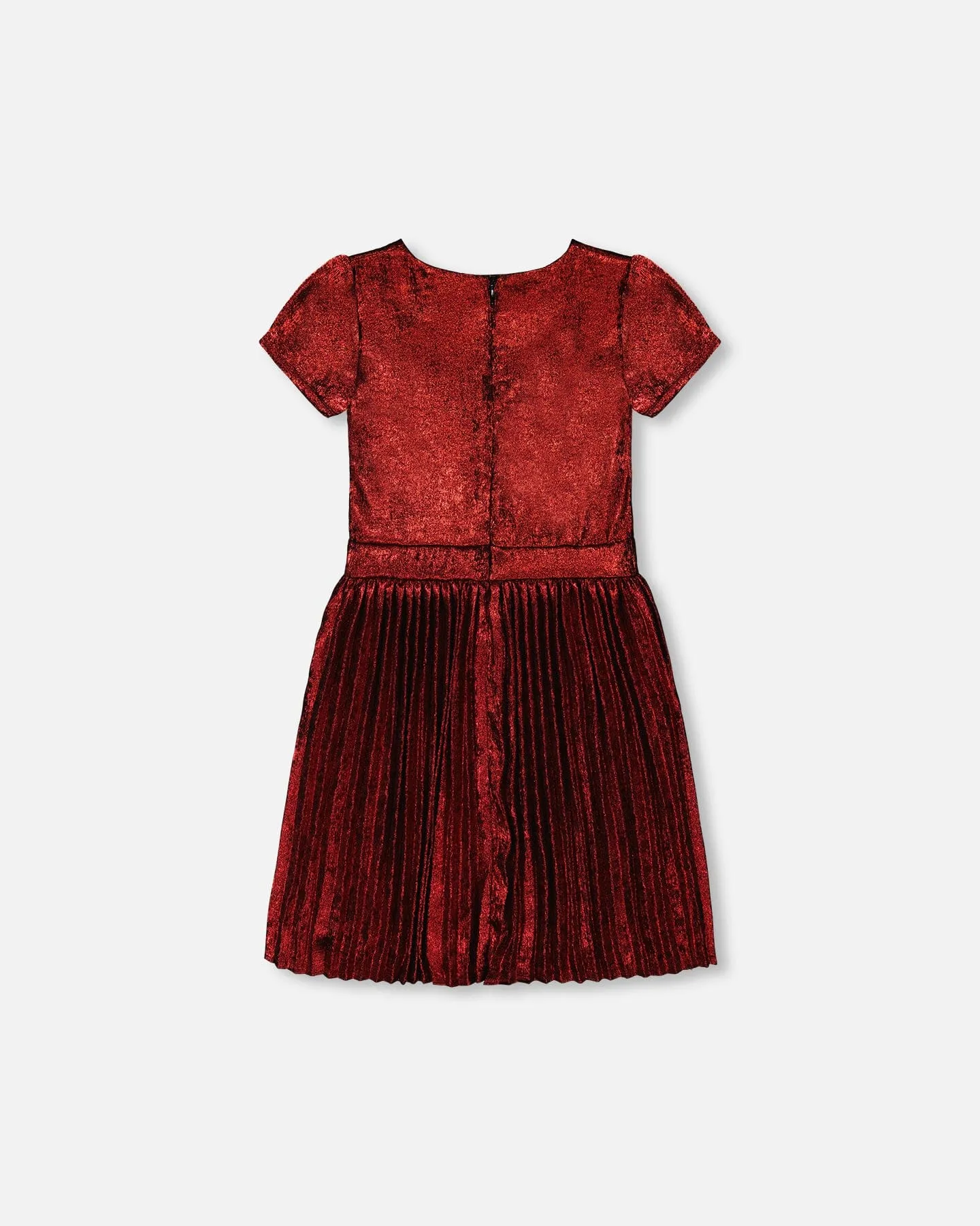 Short Sleeve Dress With Pleated Skirt Metallic Red