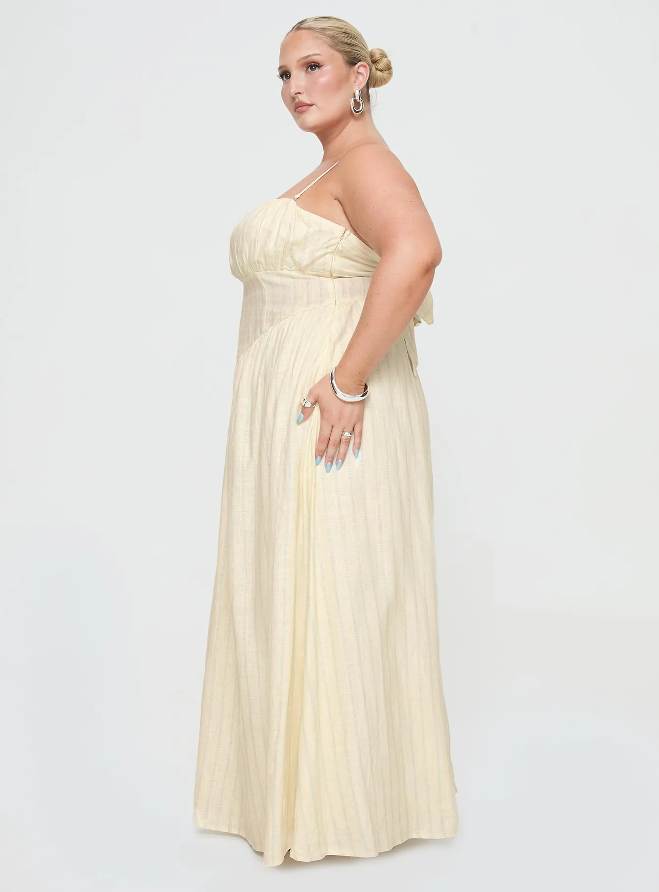 Slow Dance Linen Blend Maxi Dress Cream / Blue Curve