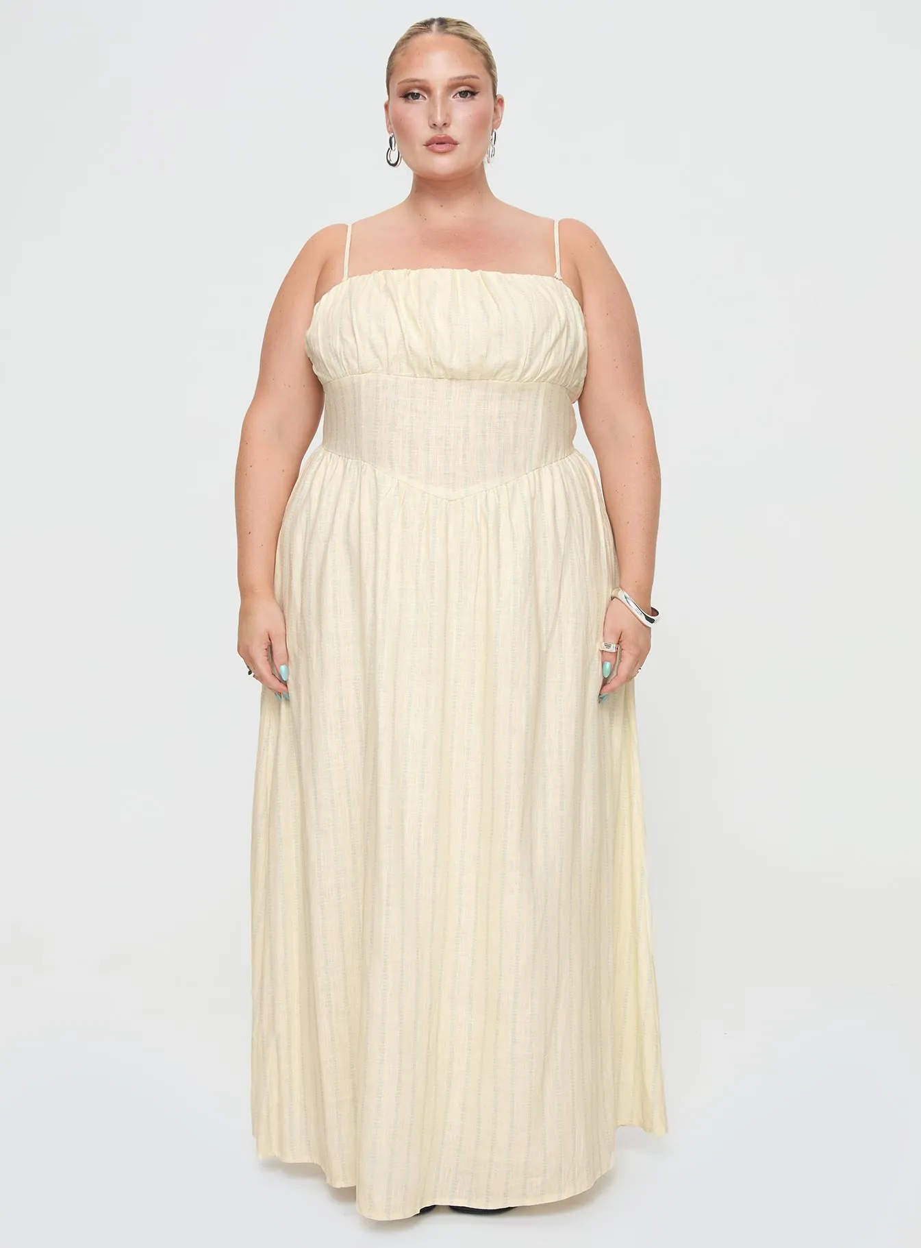 Slow Dance Linen Blend Maxi Dress Cream / Blue Curve