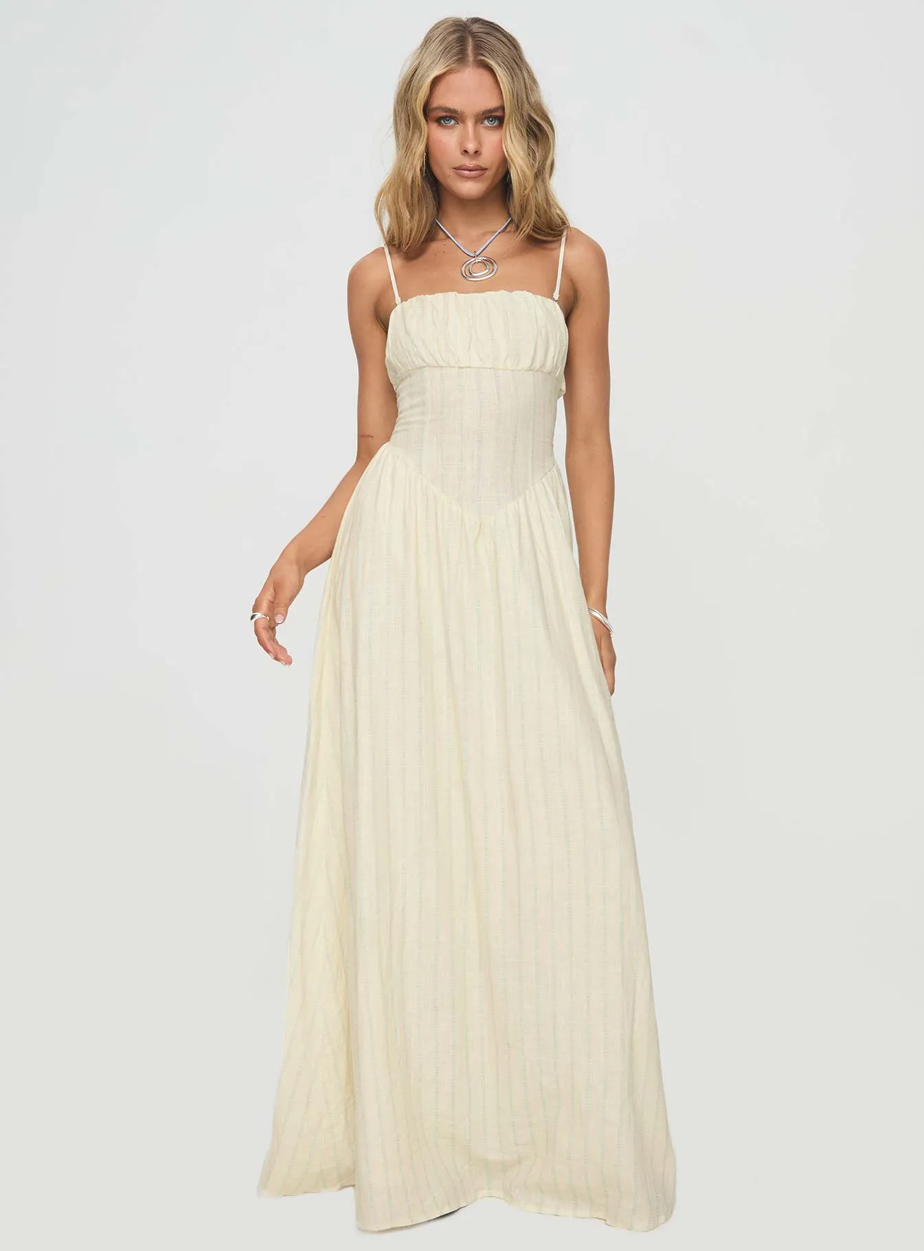 Slow Dance Linen Blend Maxi Dress Cream / Blue