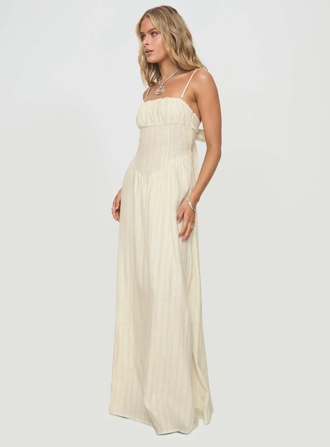 Slow Dance Linen Blend Maxi Dress Cream / Blue