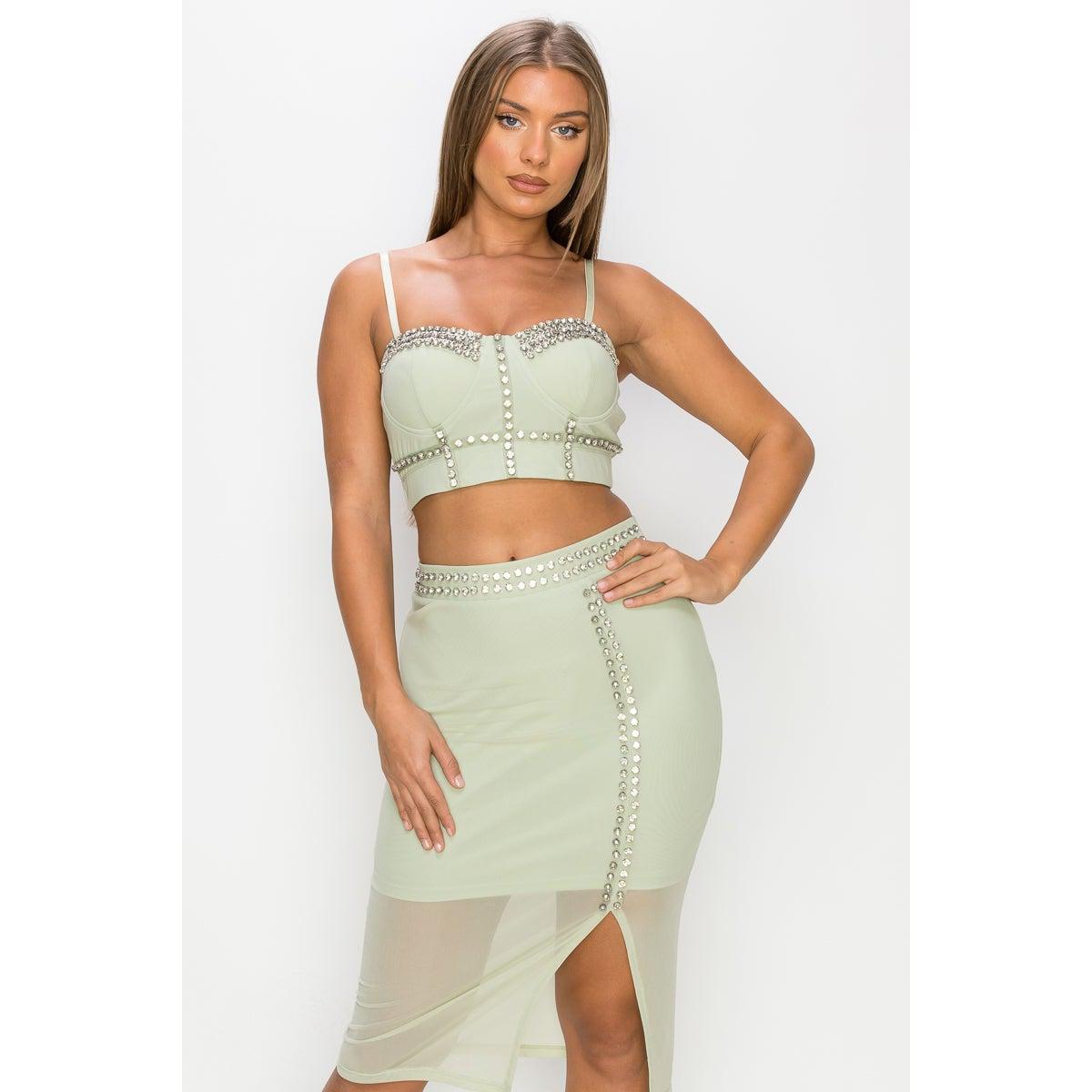 Studded Stone Cami Top & Slit Mini Skirts Set