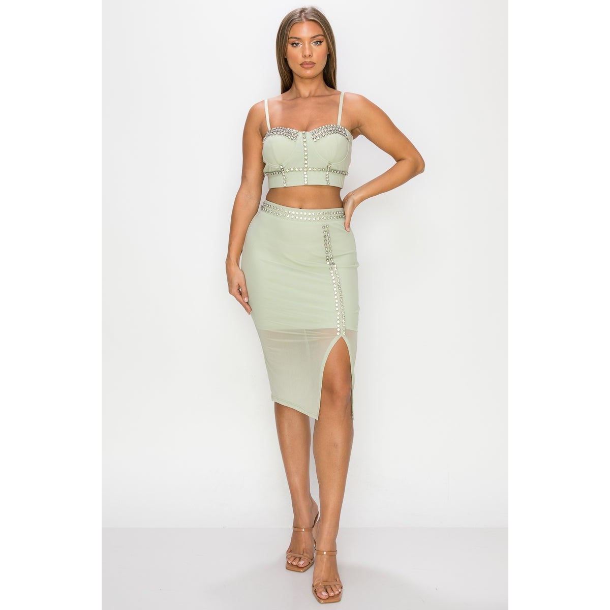 Studded Stone Cami Top & Slit Mini Skirts Set