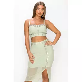 Studded Stone Cami Top & Slit Mini Skirts Set