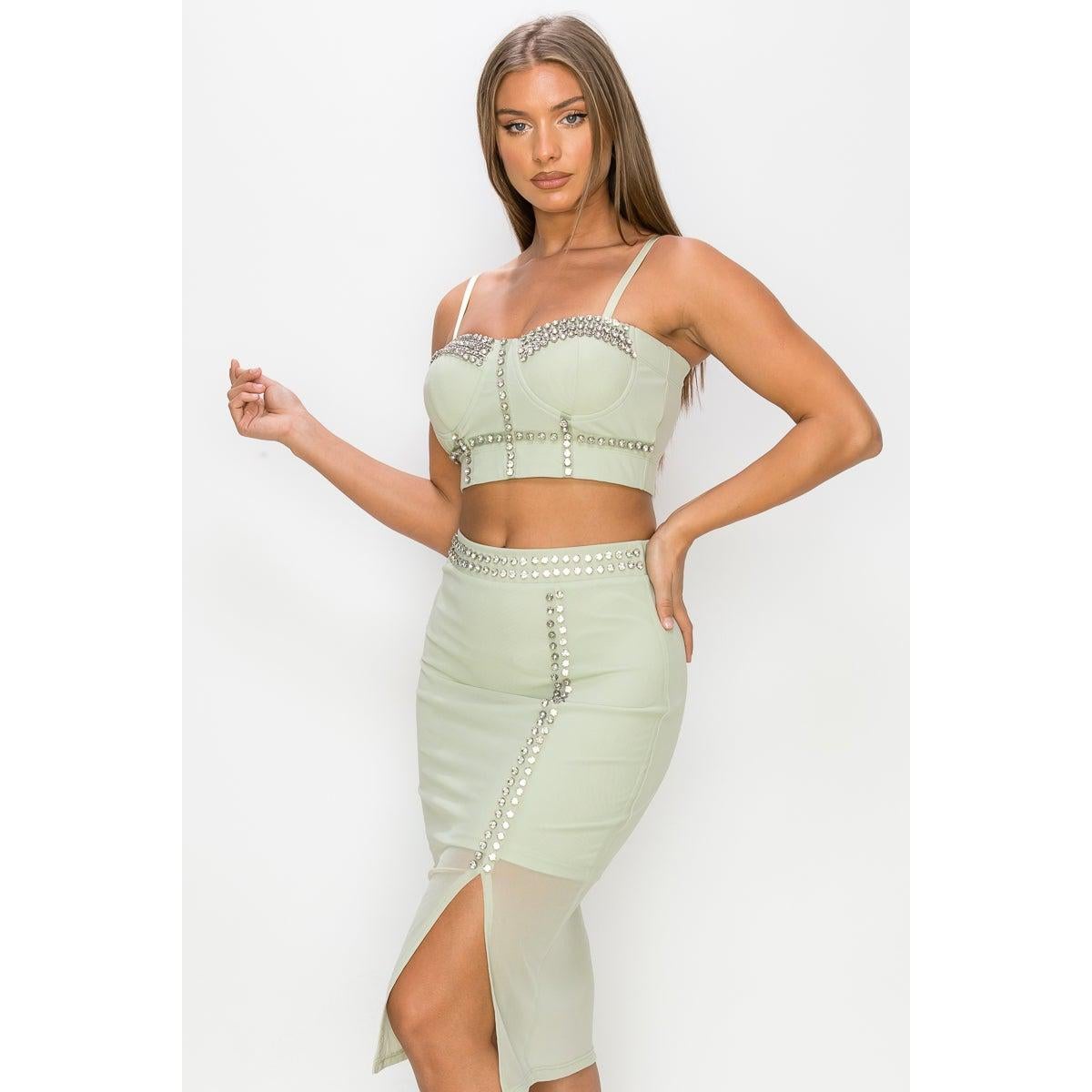 Studded Stone Cami Top & Slit Mini Skirts Set