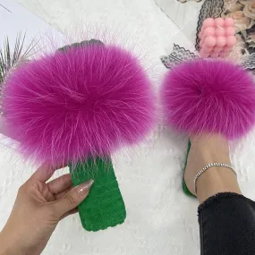 Summer Cotton Fluffy Natural Fur Slides Flat House Slippers for Women