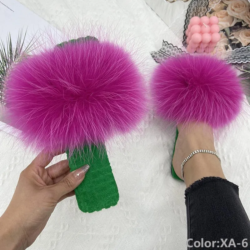 Summer Cotton Fluffy Natural Fur Slides Flat House Slippers for Women