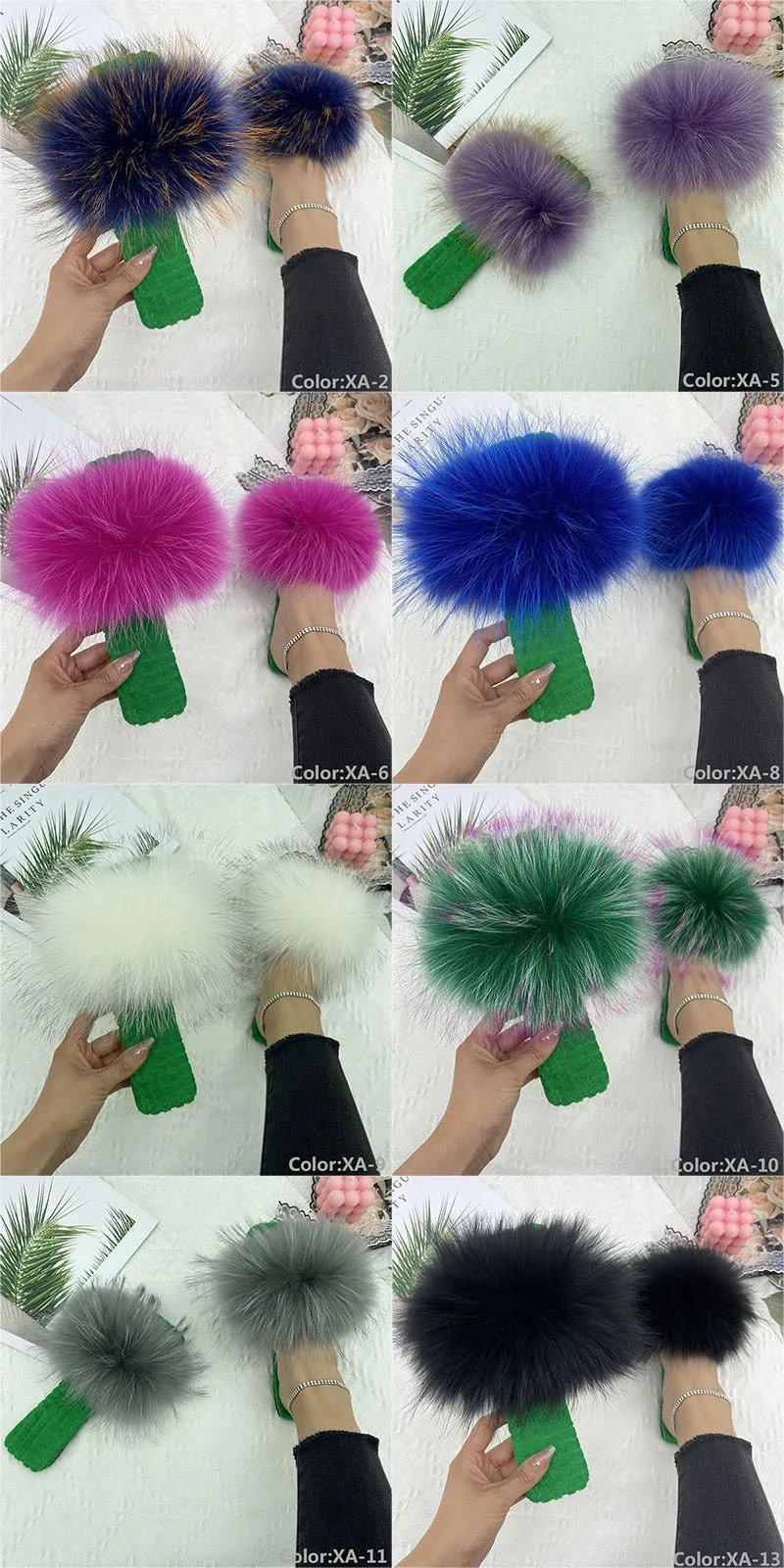 Summer Cotton Fluffy Natural Fur Slides Flat House Slippers for Women