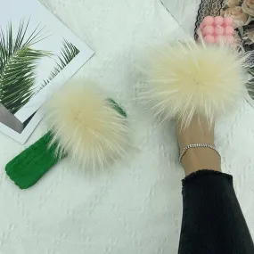 Summer Cotton Fluffy Real Fur Slides Flat House Slippers for Women