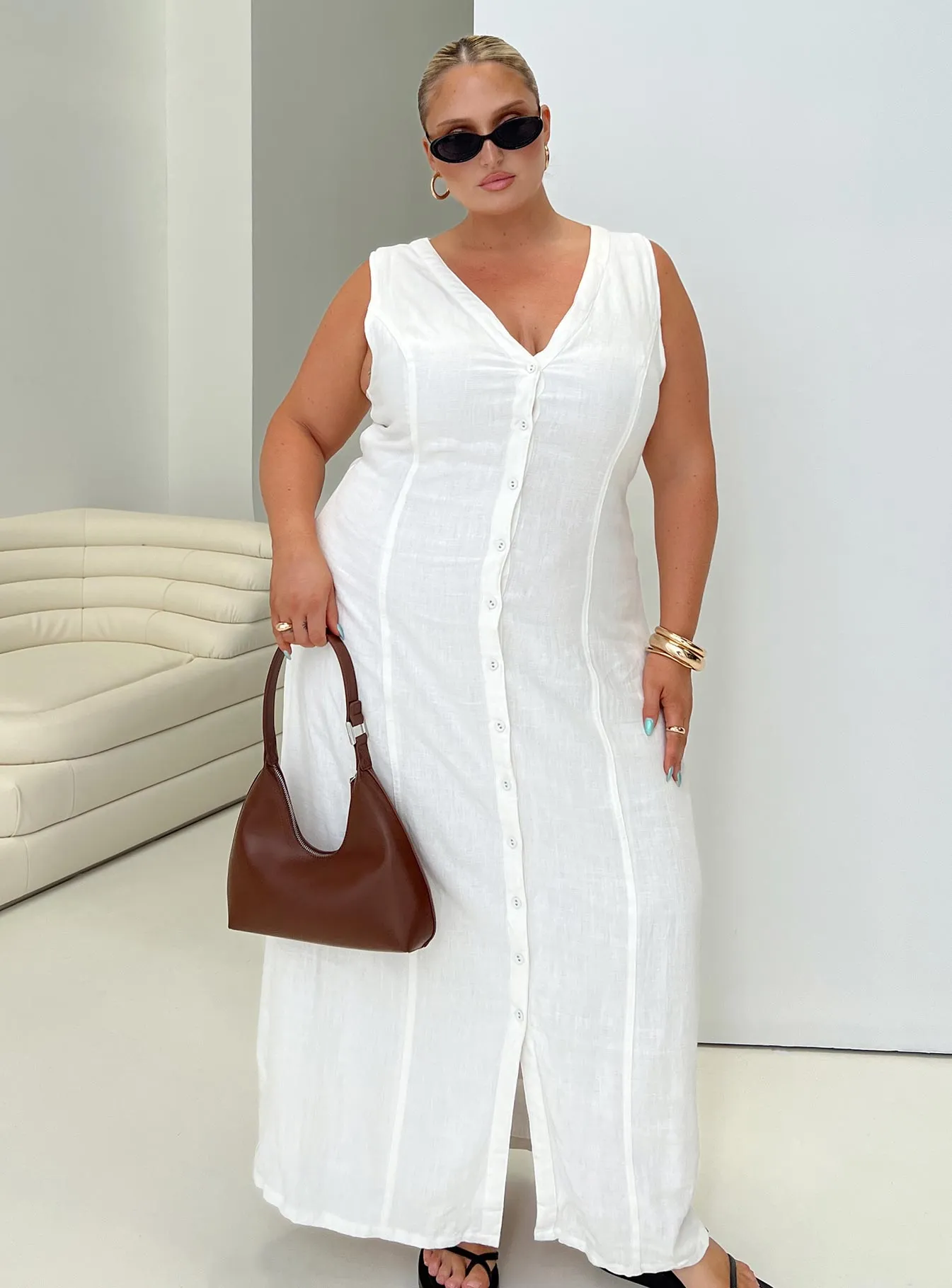 Summer Season Linen Blend Maxi Dress White Curve