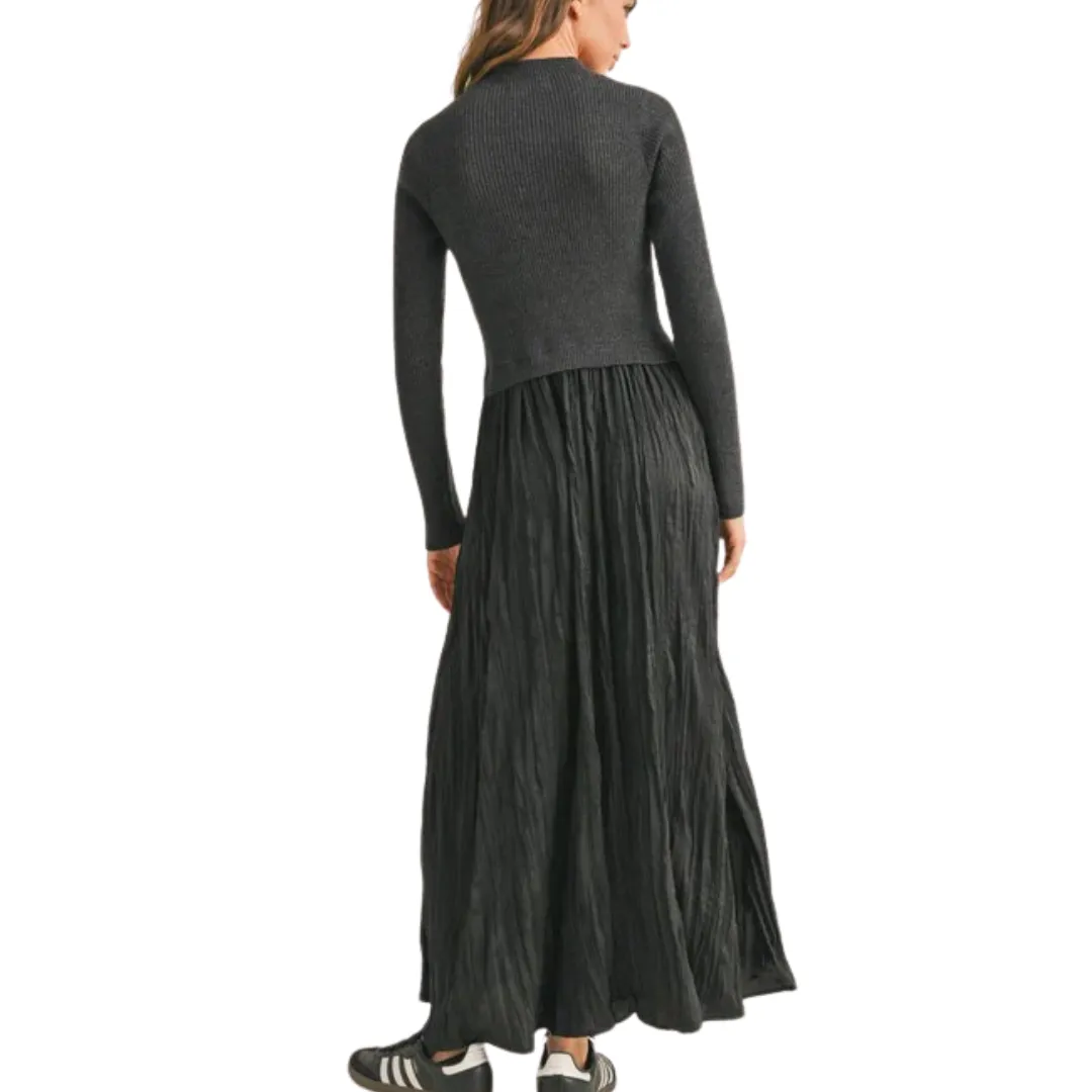 SWEATER COMBO WOVEN DRESS BLACK