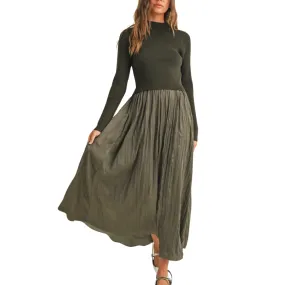 SWEATER COMBO WOVEN DRESS OLIVE