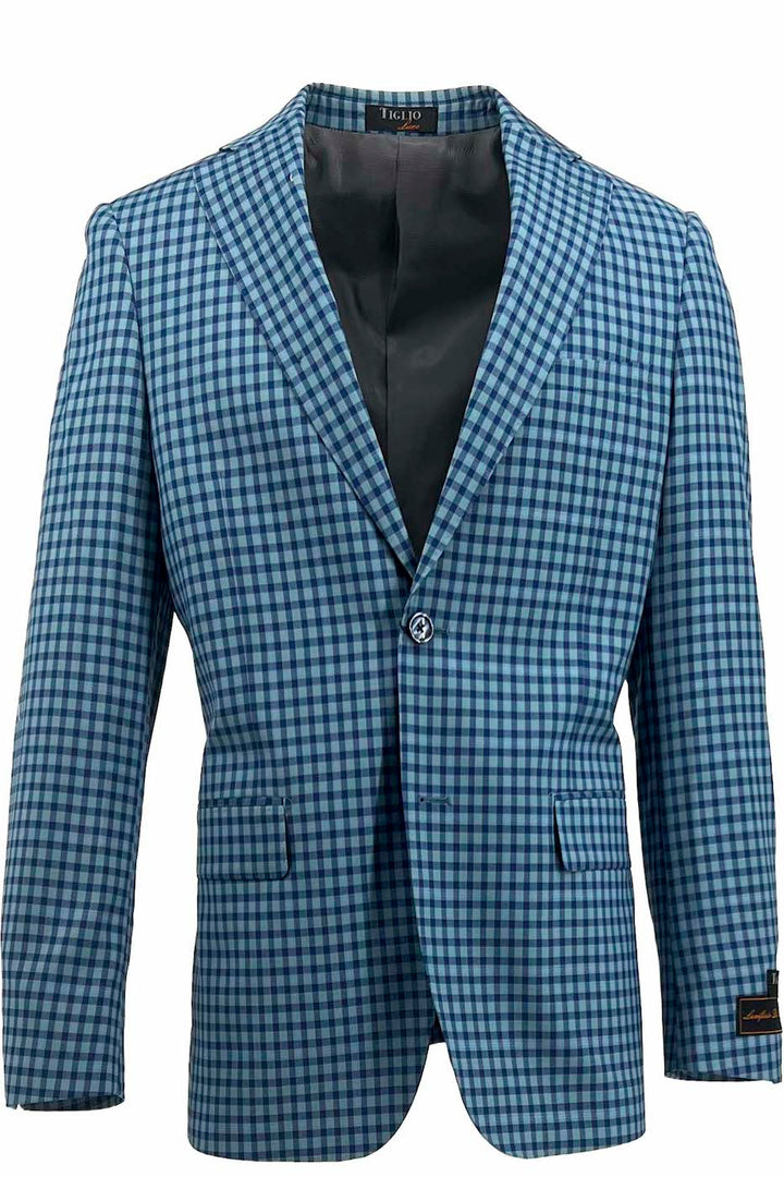 Tiglio Luxe Dolcetto Modern Fit, Pure Wool Jacket Cerulean and Navy Check TL2615