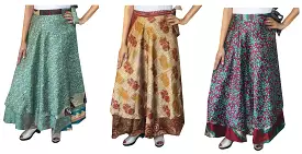 Two Layers Women's Indian Sari Magic Wrap Around Wholesale 3 Pcs Lot Long Skirt