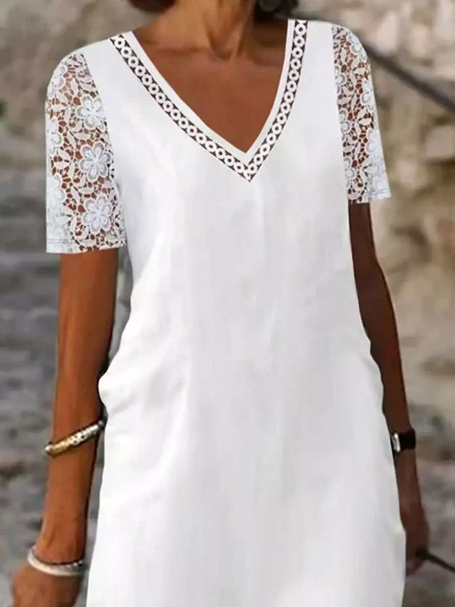 V-Neck Lace Hollow Out Shift Dress with Leopard Print - White